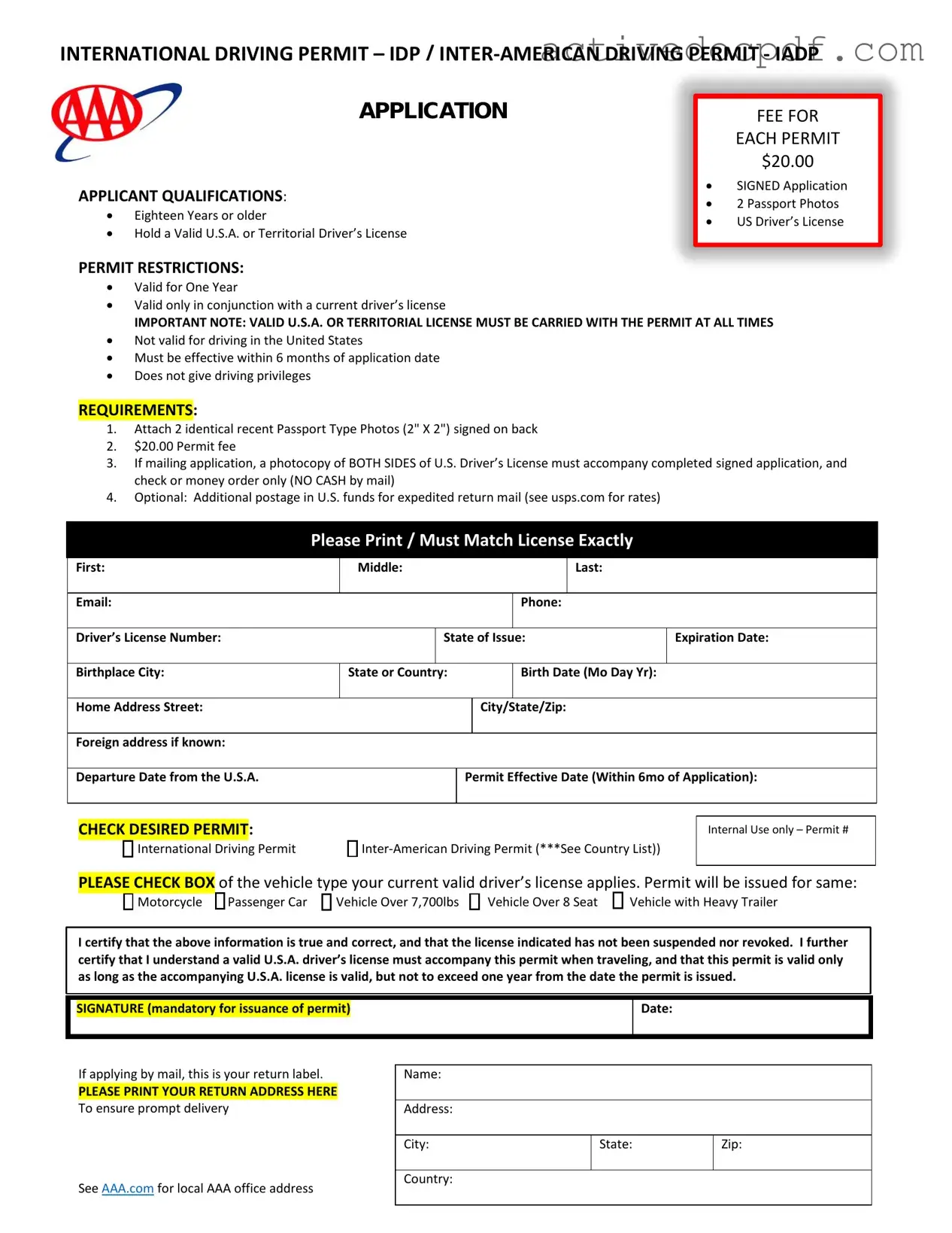 Free Aaa International Driving Permit Application PDF Form
