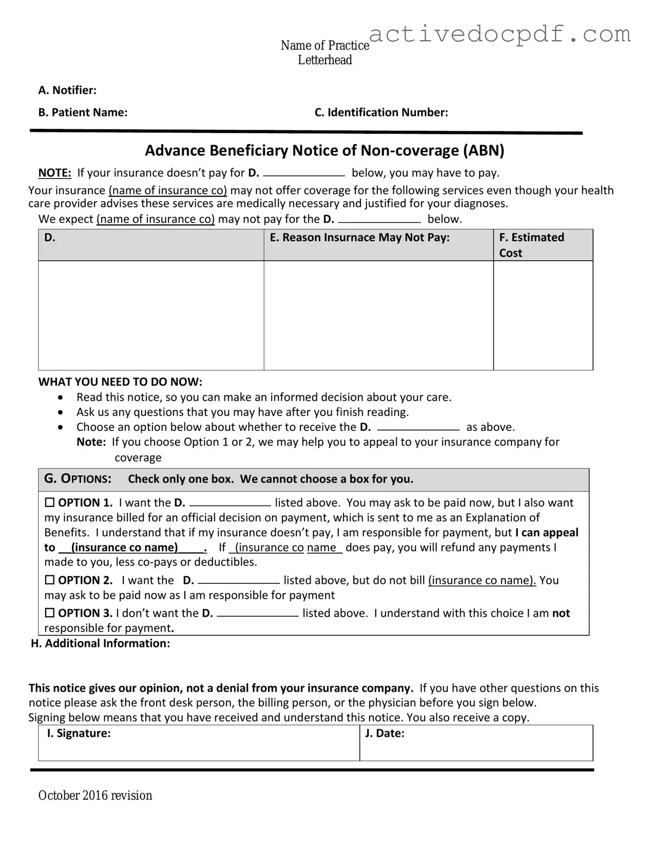 Free Advance Beneficiary Notice of Non-coverage PDF Form
