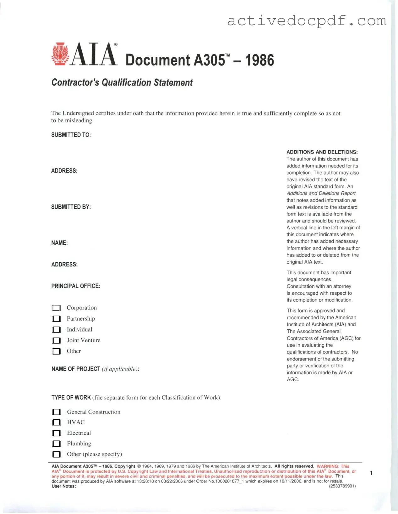 Free AIA A305 PDF Form
