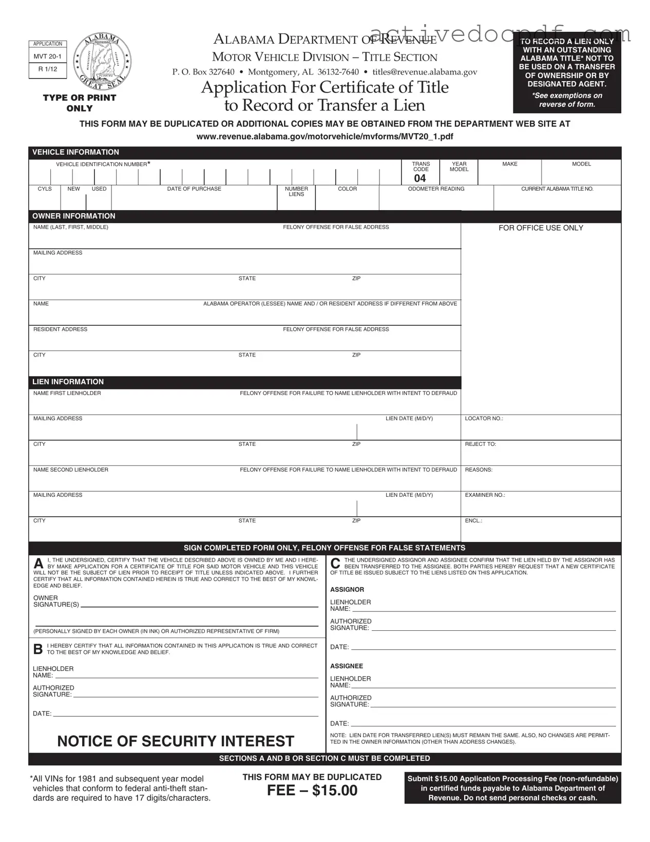Free Alabama Mvt 20 1 PDF Form