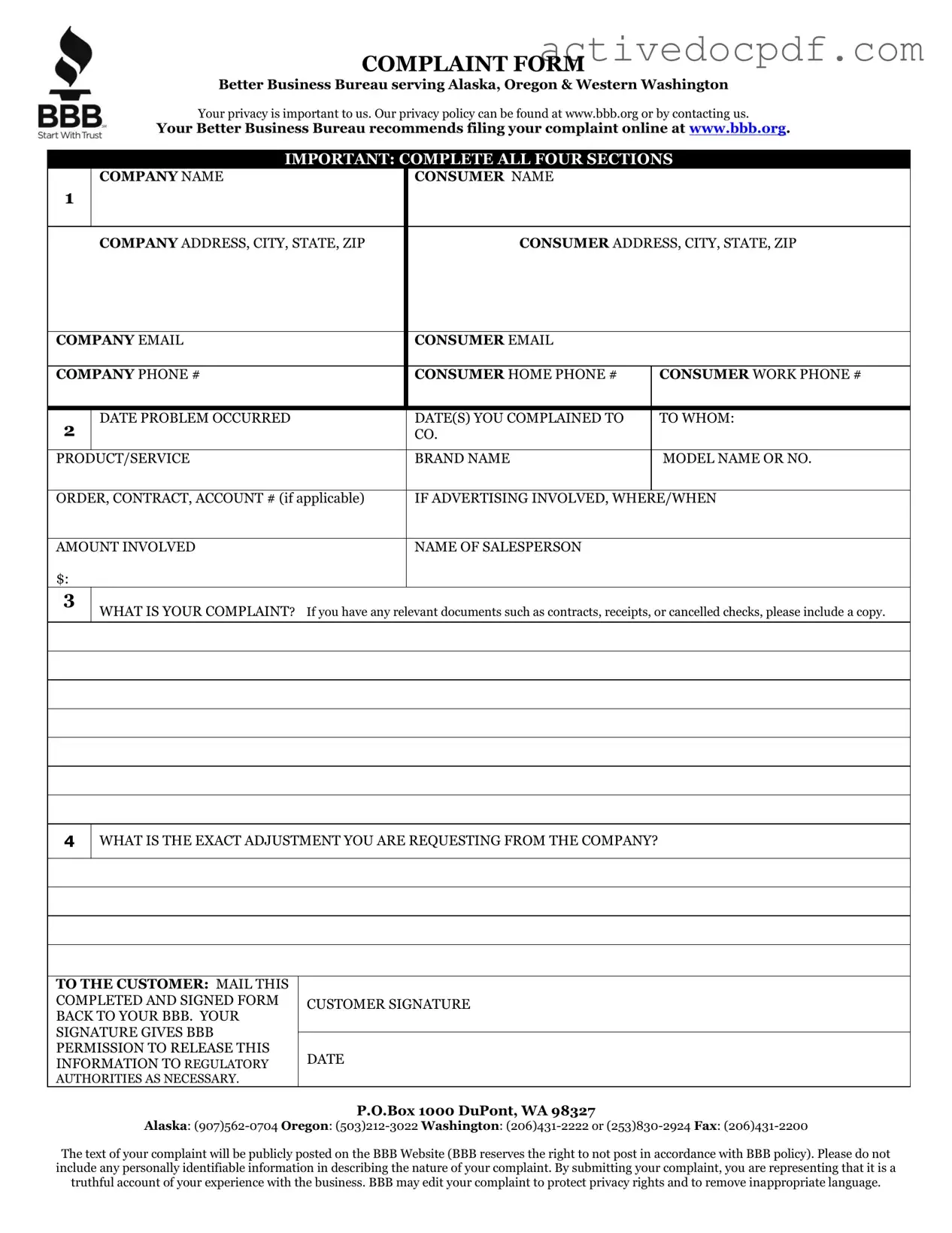 Free Bbb Complaint PDF Form