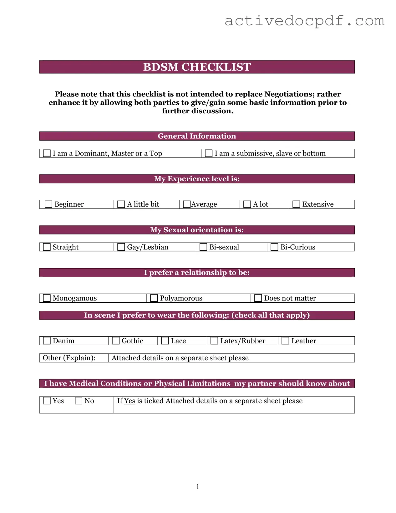 Free Bdsm Checklist PDF Form