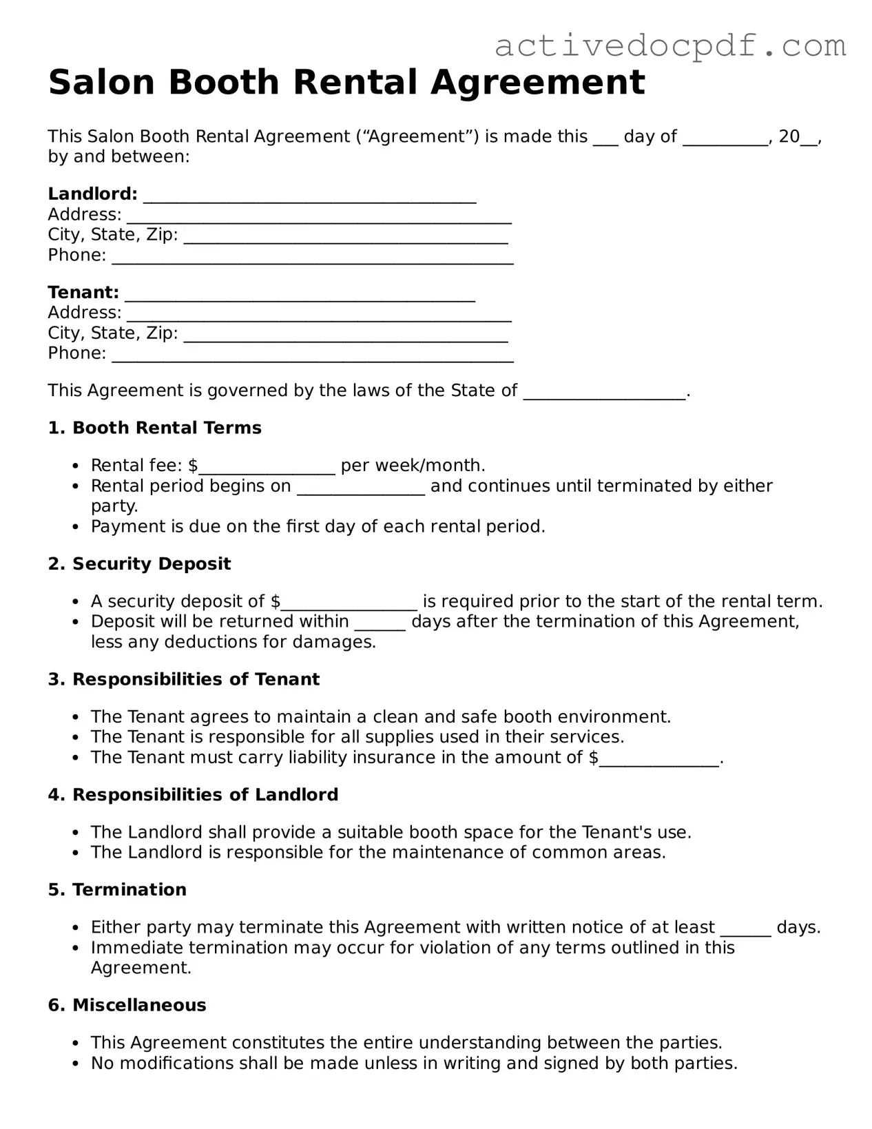 Legal Salon Booth Rental Agreement Template