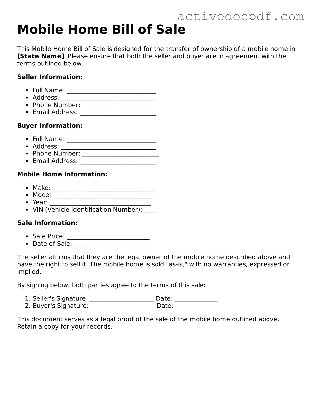 Legal Mobile Home Bill of Sale Template
