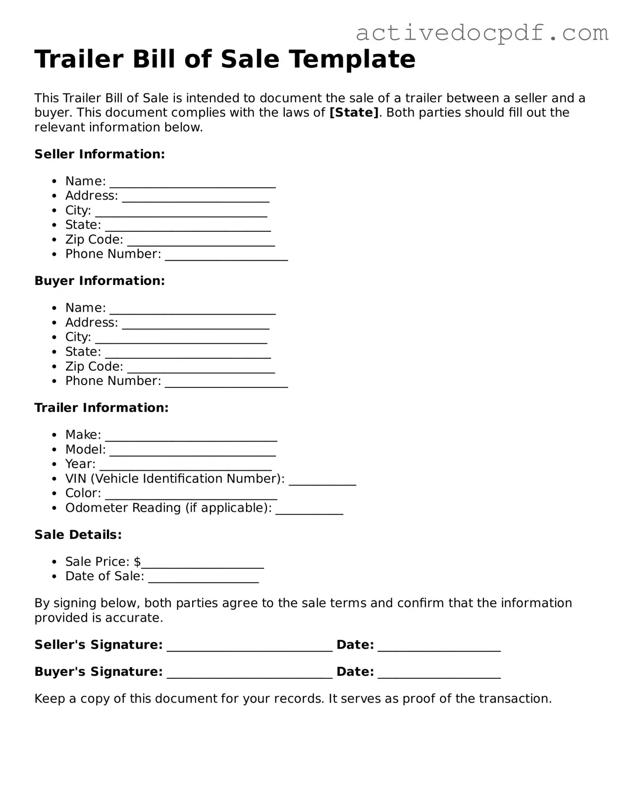 Legal Trailer Bill of Sale Template