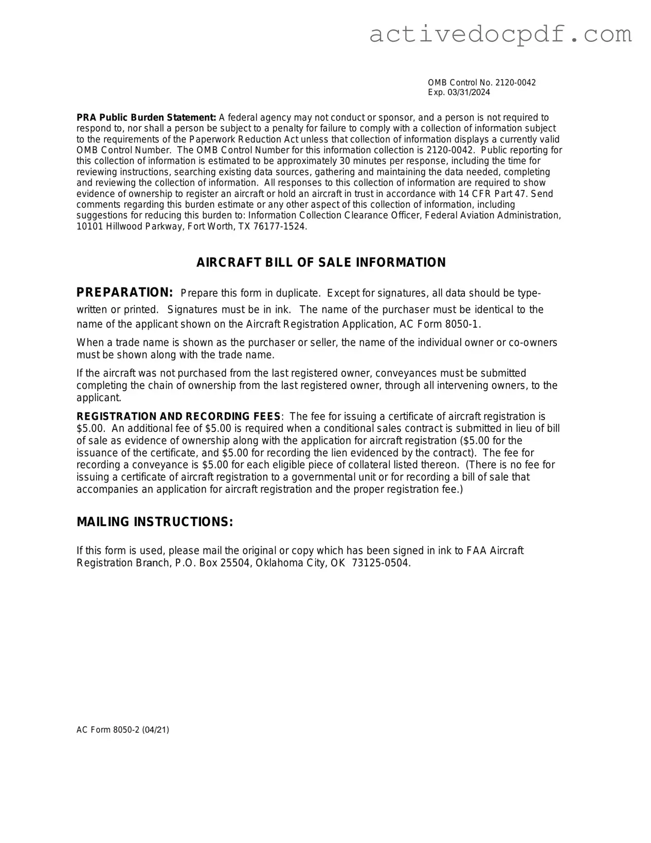 Free Aircraft Bill of Sale AC 8050-2 PDF Form