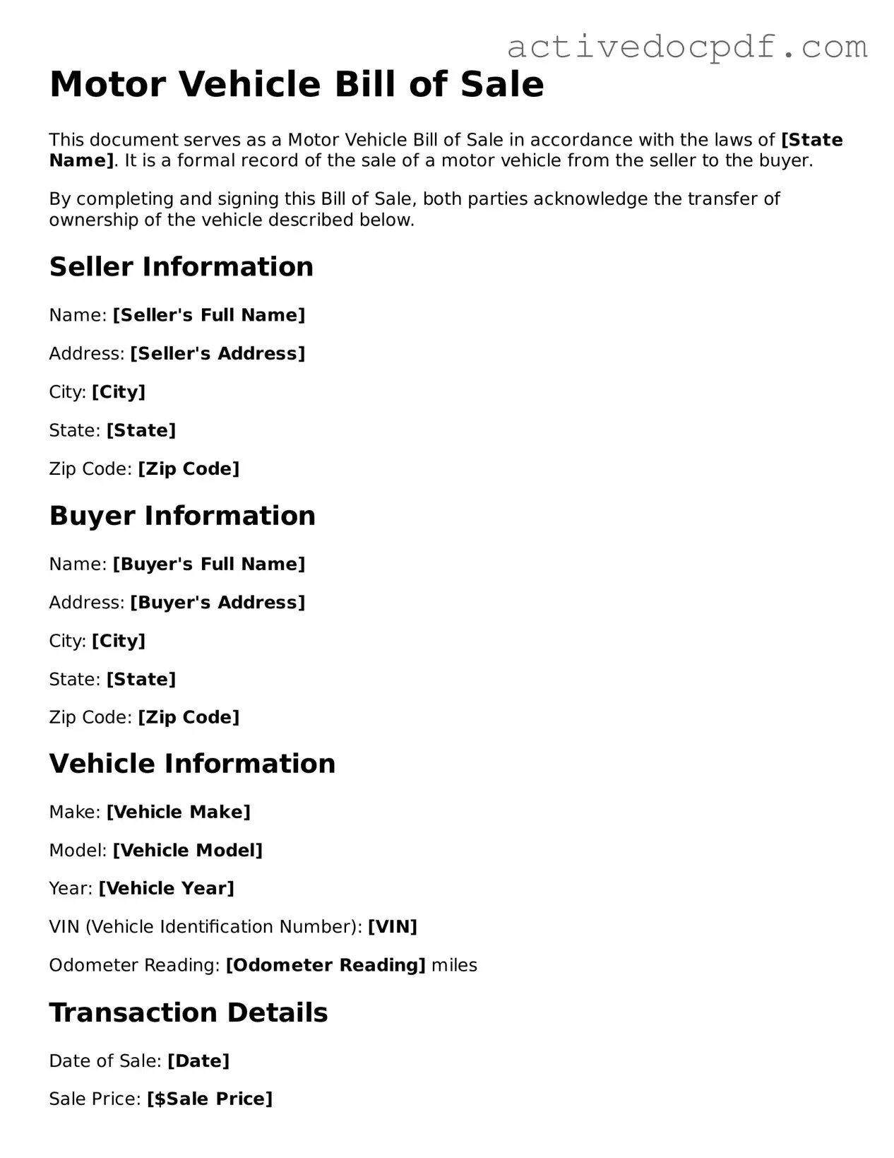 Legal Motor Vehicle Bill of Sale Template
