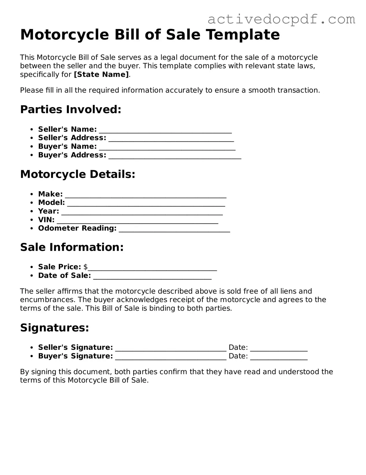 Legal Motorcycle Bill of Sale Template