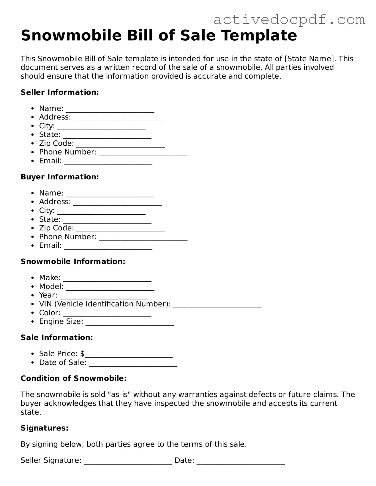 Legal Snowmobile Bill of Sale Template