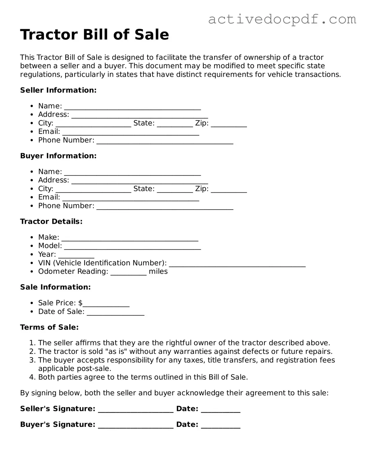 Legal Tractor Bill of Sale Template
