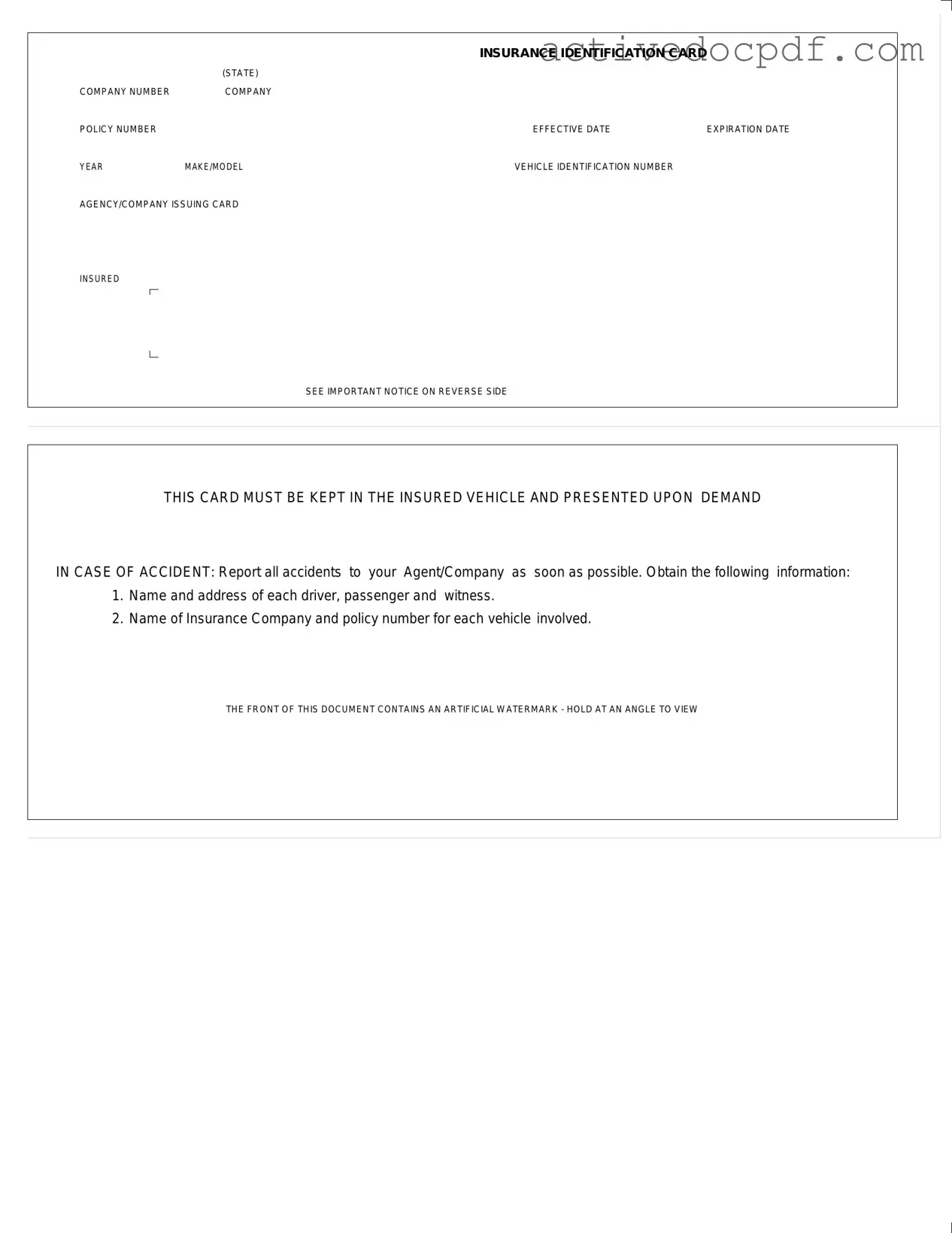 Free Auto Insurance Card PDF Form