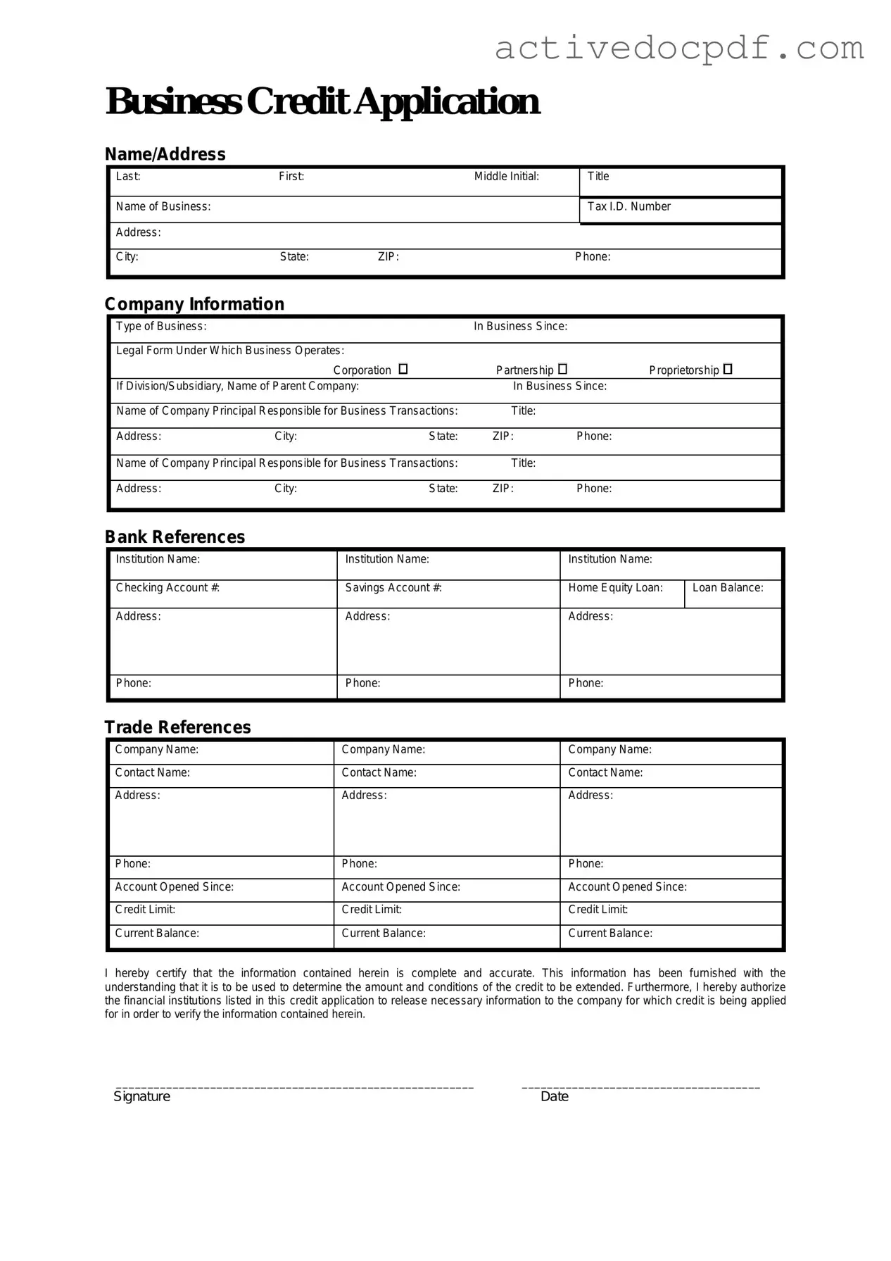 Free Business Credit Application PDF Form
