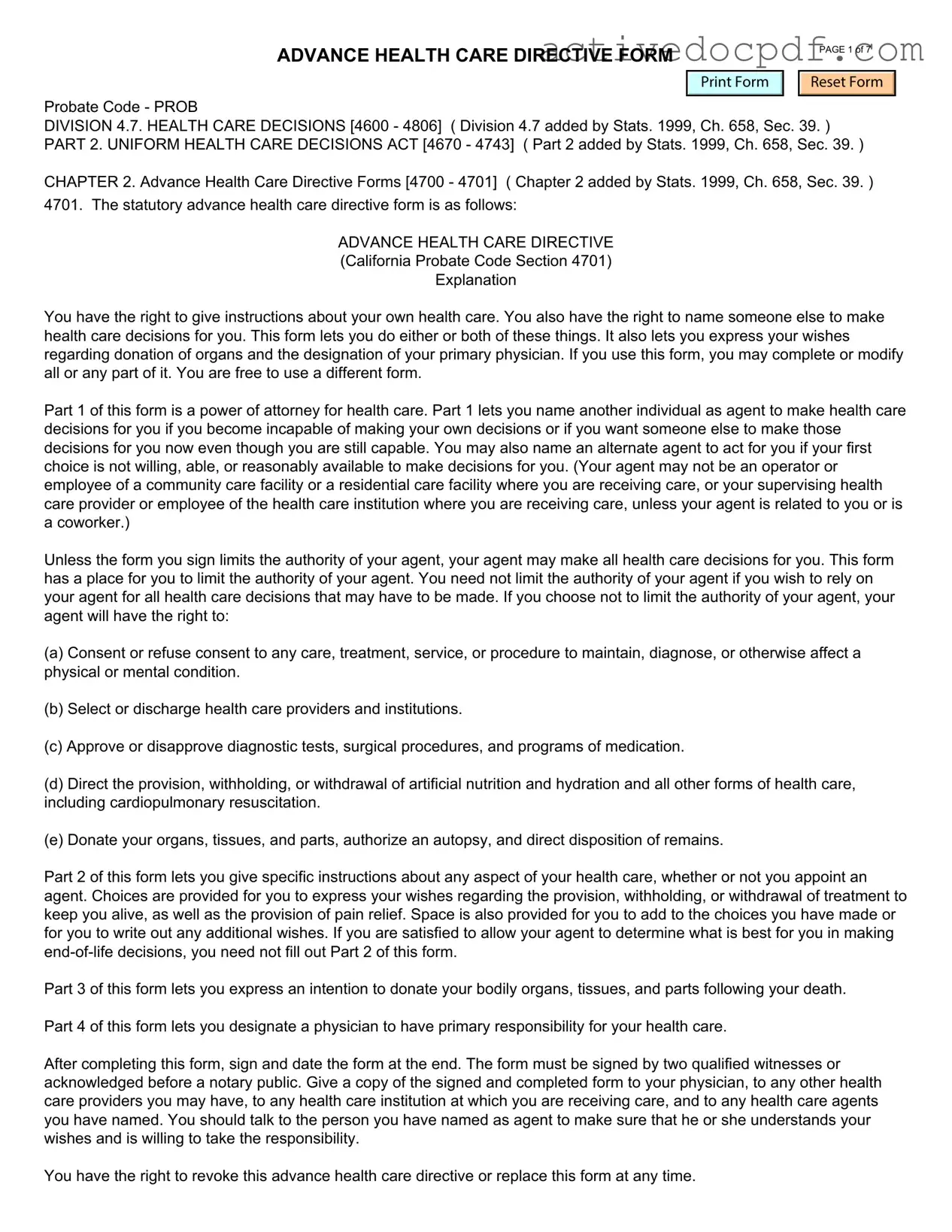 Free California Advanced Health Care Directive PDF Form