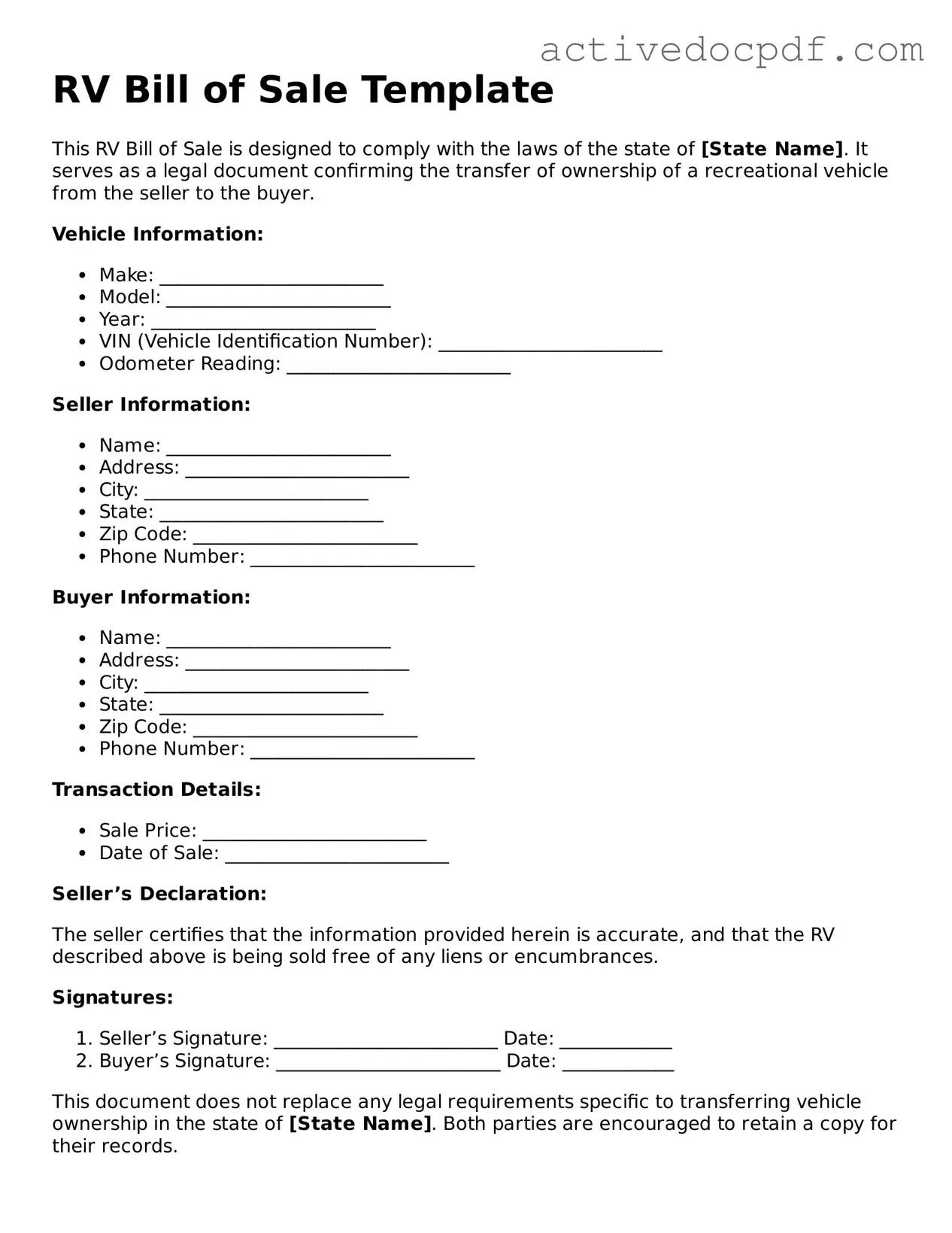 Legal RV Bill of Sale Template
