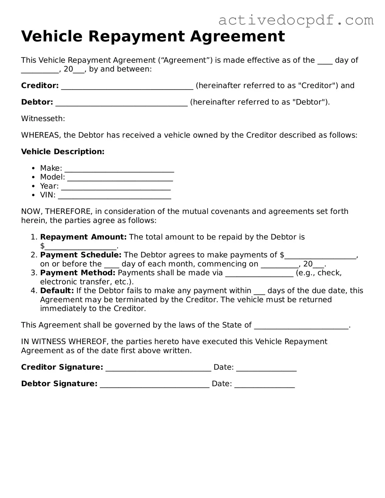 Legal Vehicle Repayment Agreement Template