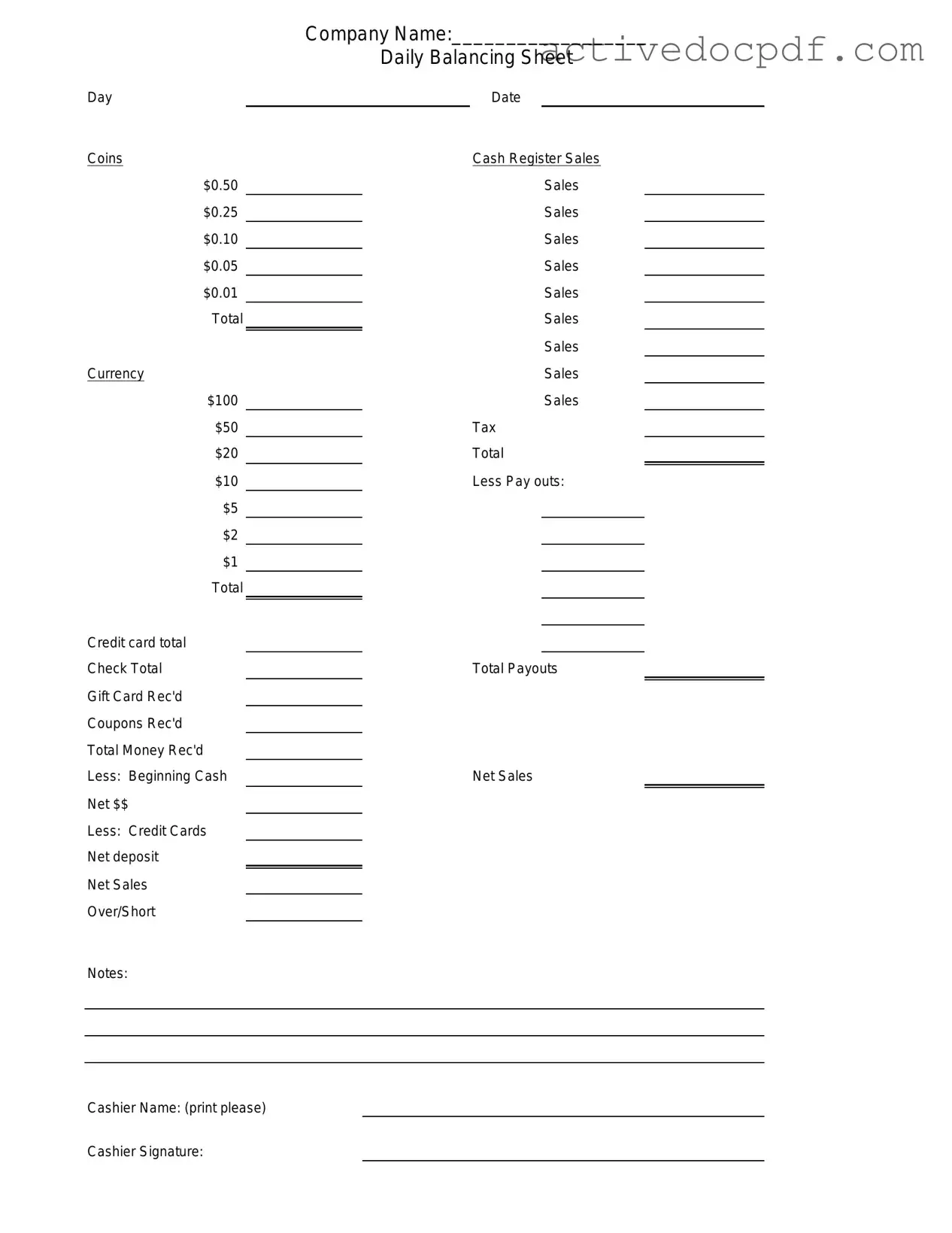 Free Cash Drawer Count Sheet PDF Form