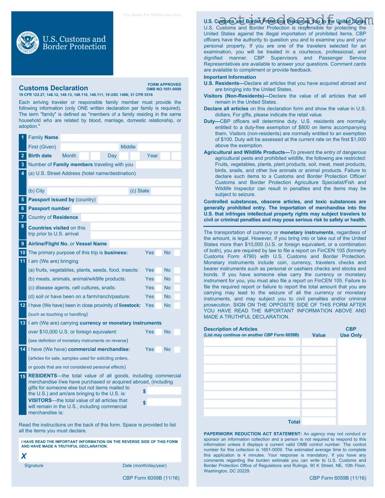 Free CBP 6059B PDF Form