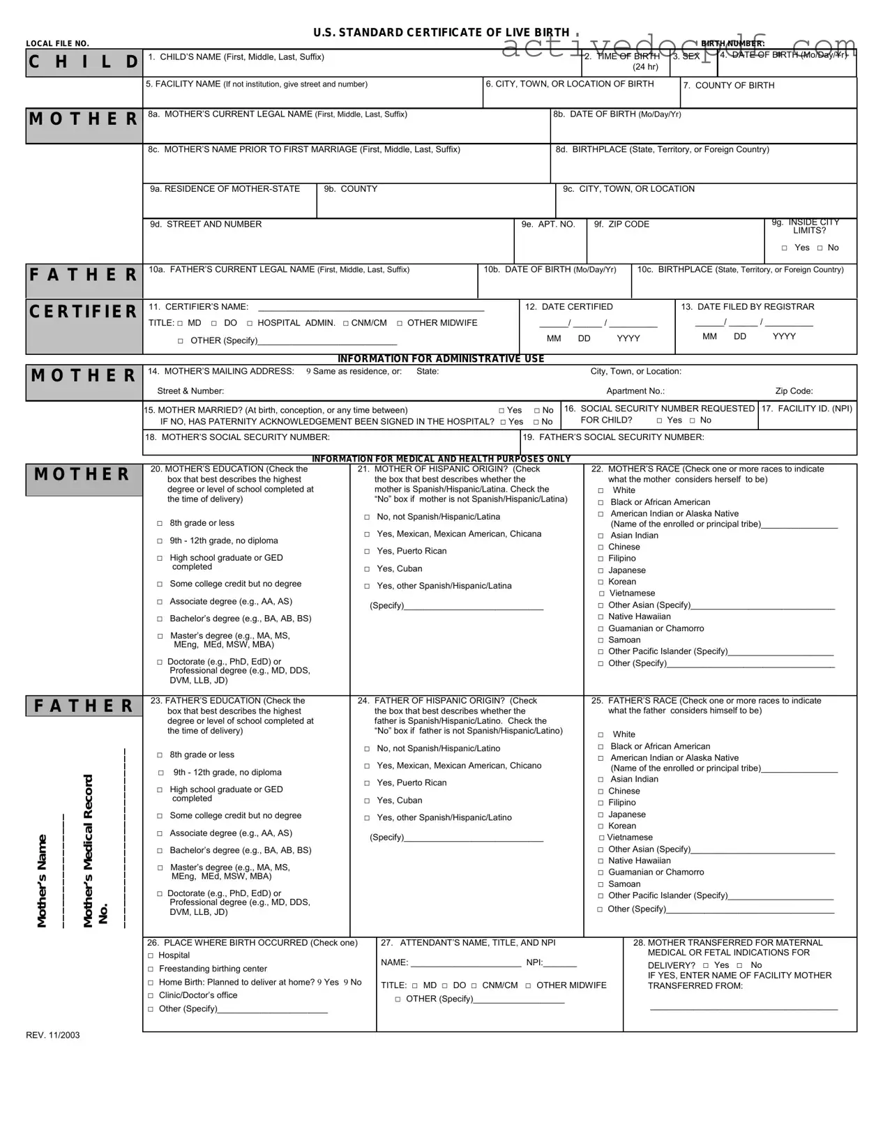 Free CDC U.S. Standard Certificate of Live Birth PDF Form