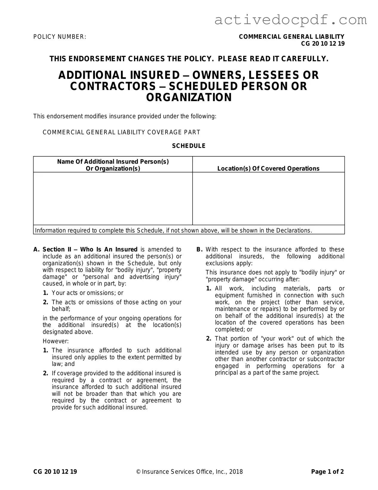 Free Cg 20 10 07 04 Liability Endorsement PDF Form