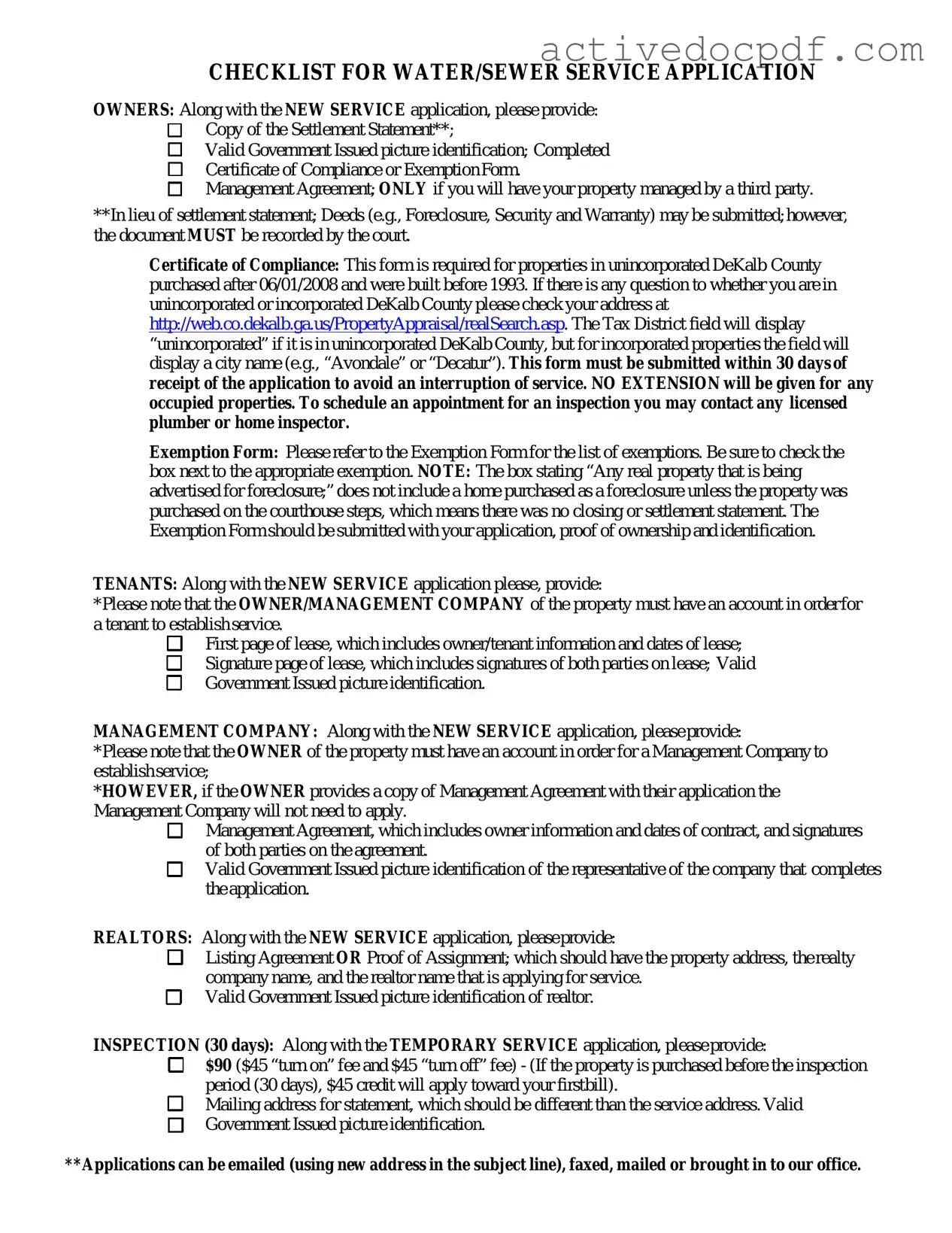 Free Dekalb County Water Application PDF Form