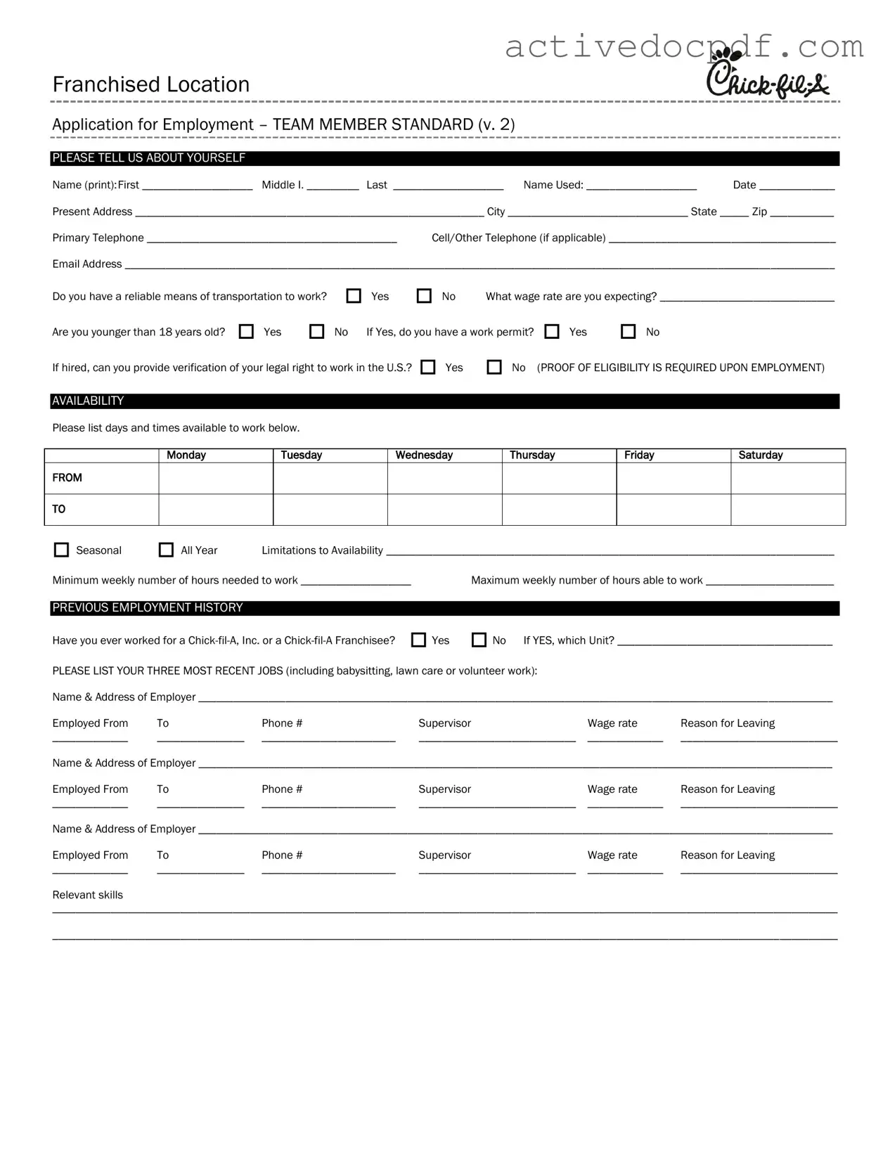 Free Chick Fil A Job Application PDF Form