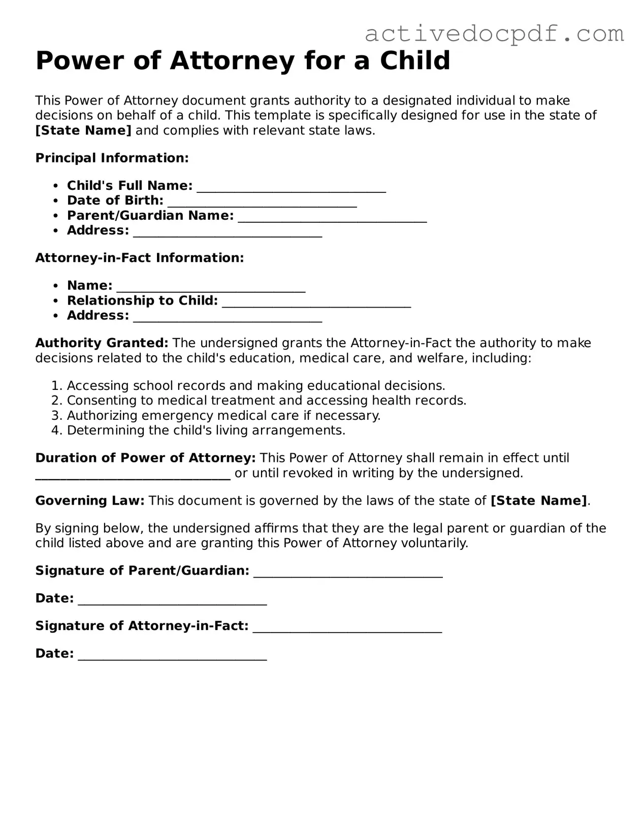 Legal Power of Attorney for a Child Template