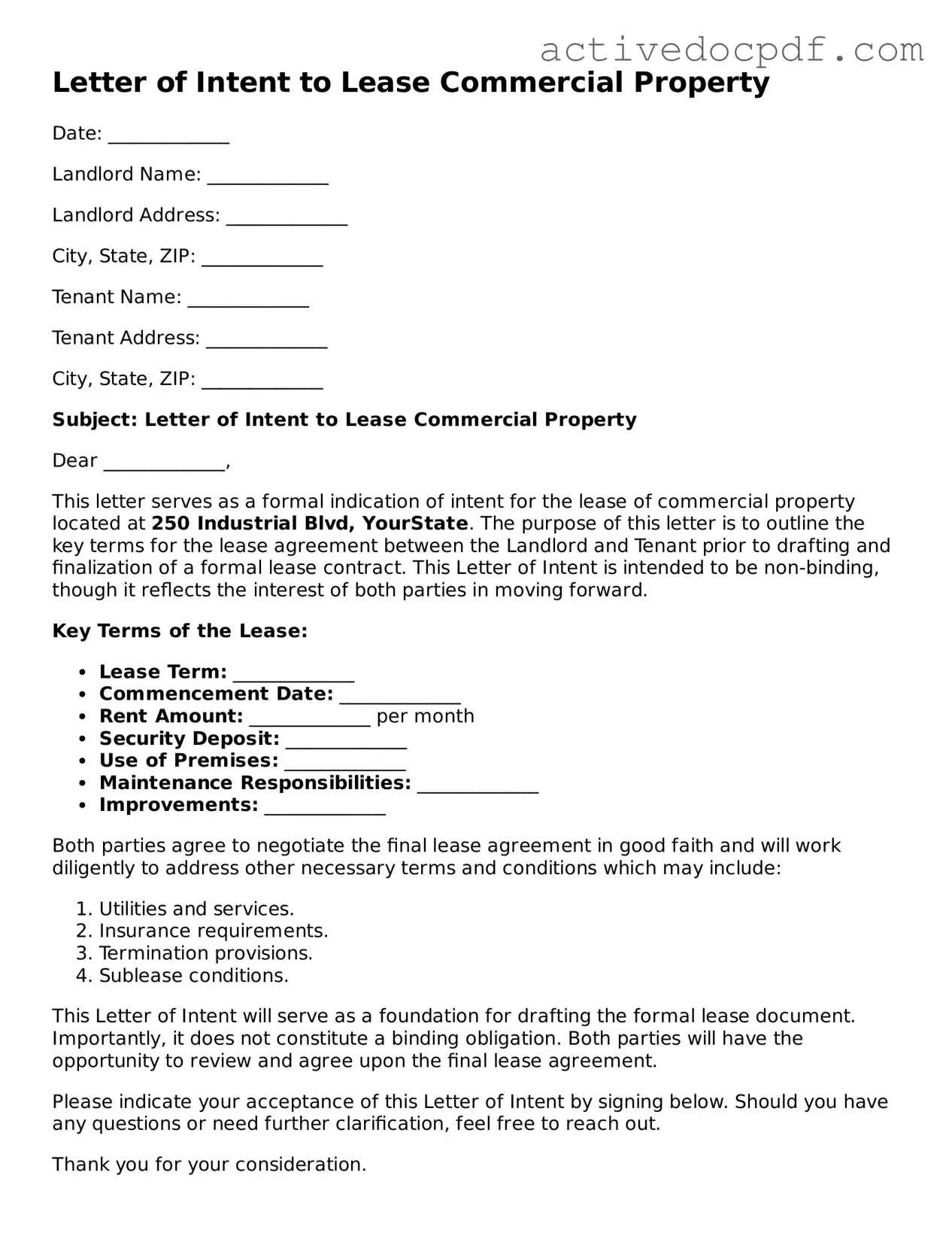 Legal Letter of Intent to Lease Commercial Property Template