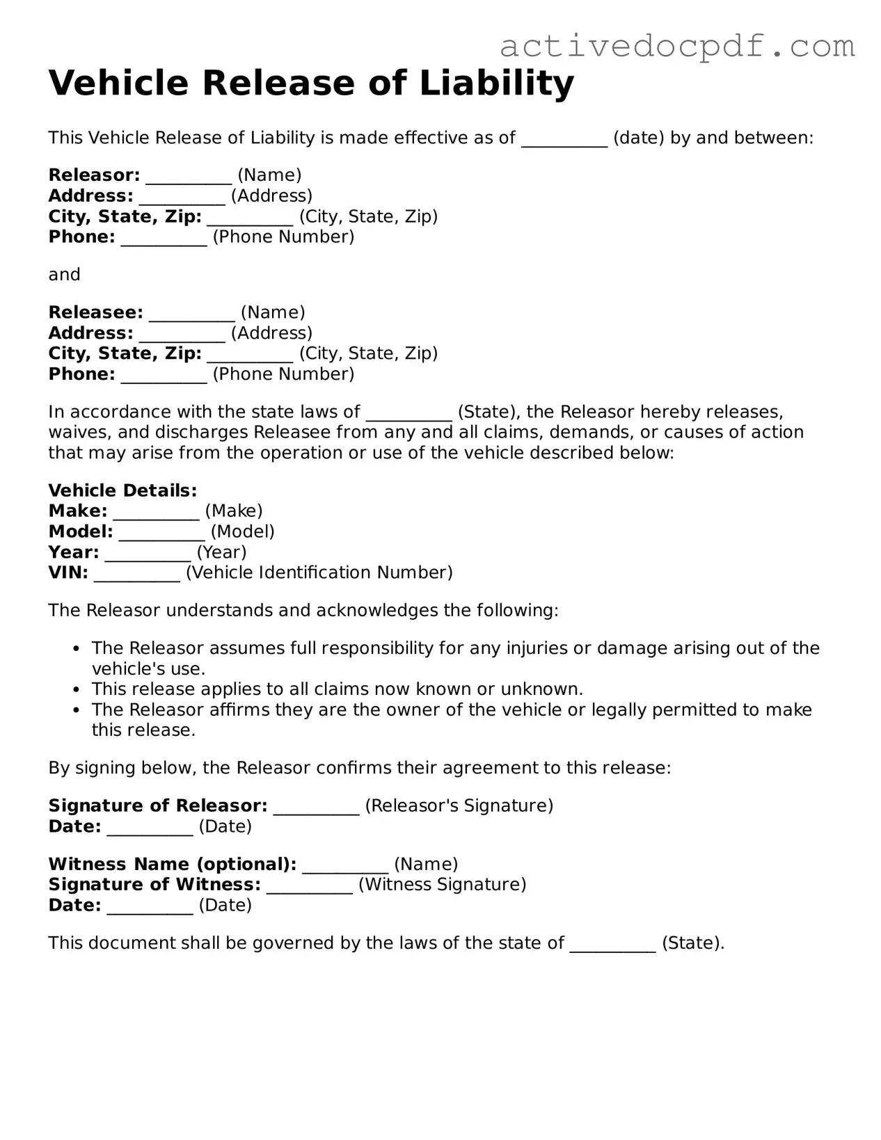 Legal Vehicle Release of Liability Template