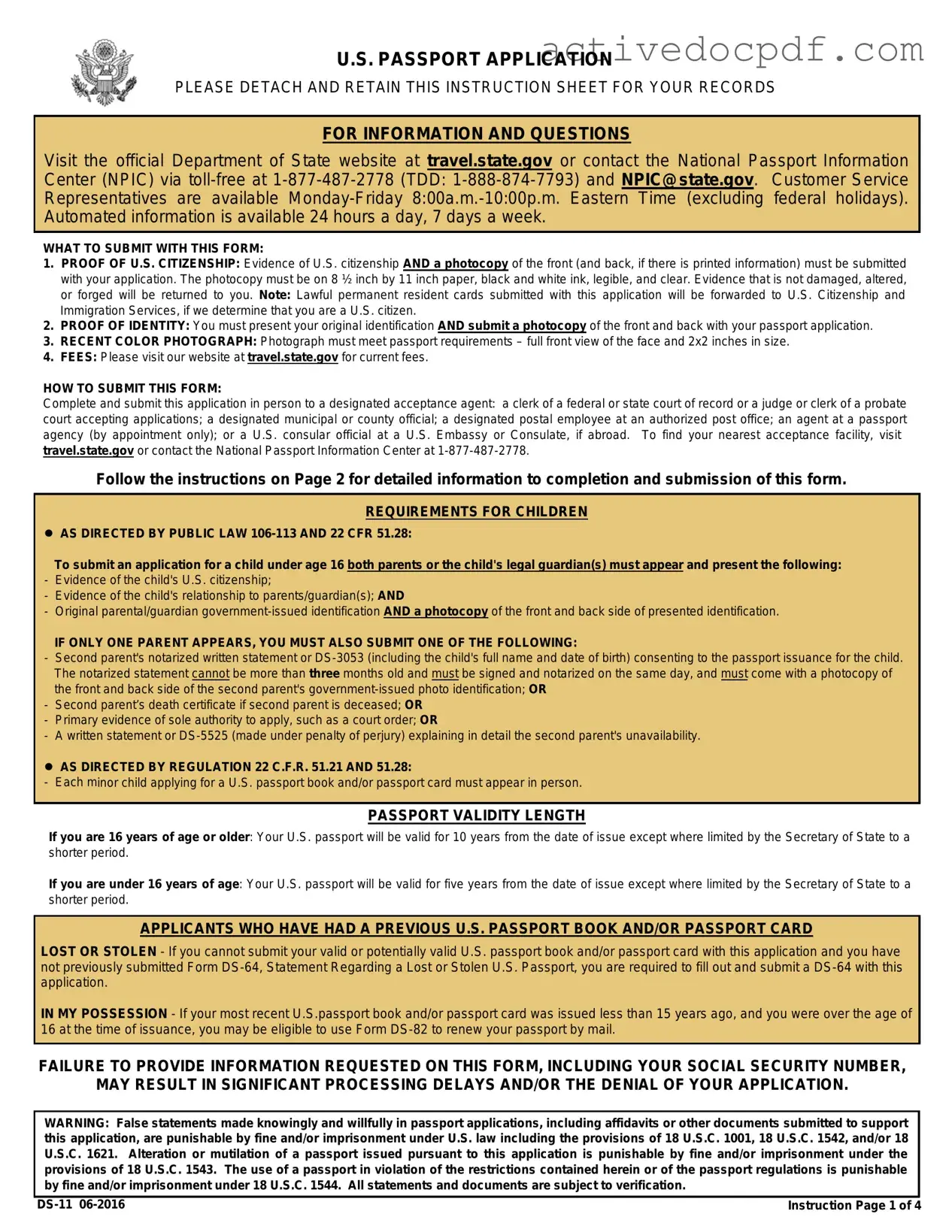 Free DS-11 U.S. Passport application PDF Form