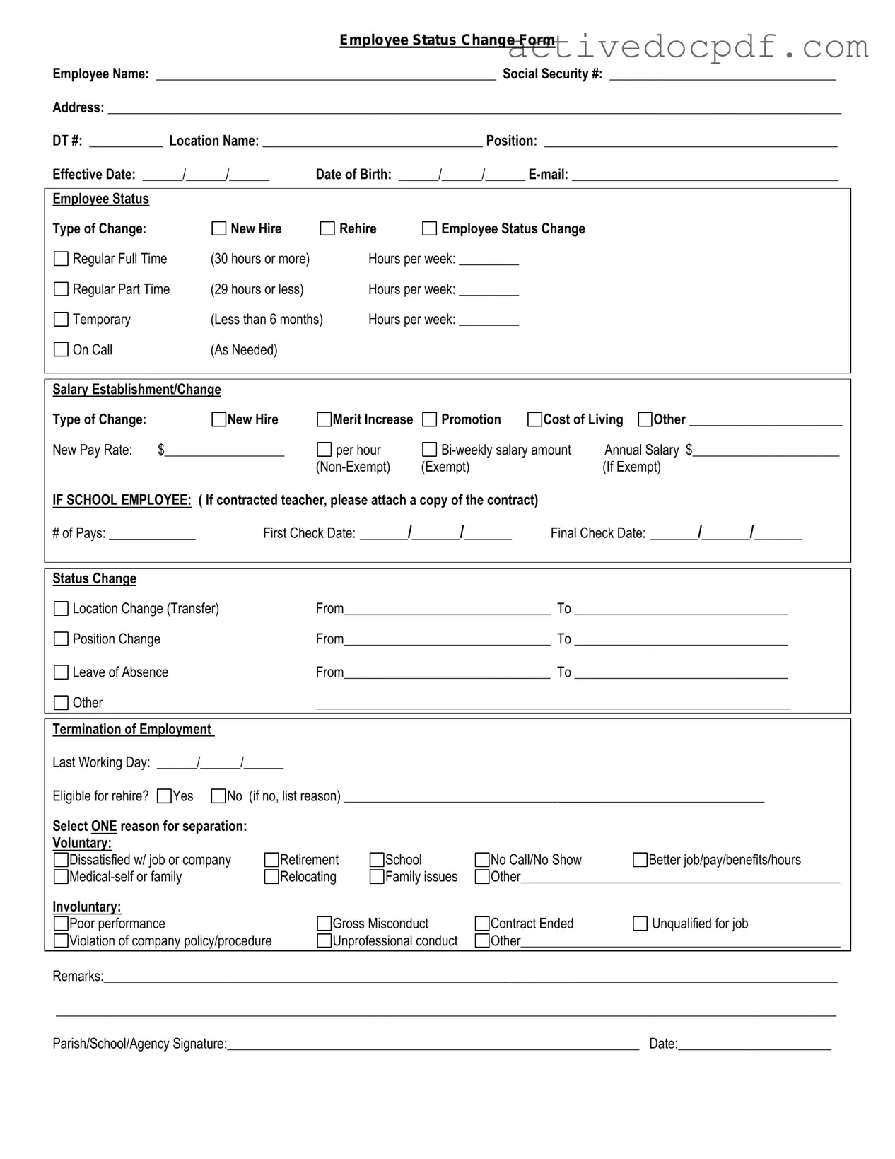 Free Employee Status Change PDF Form