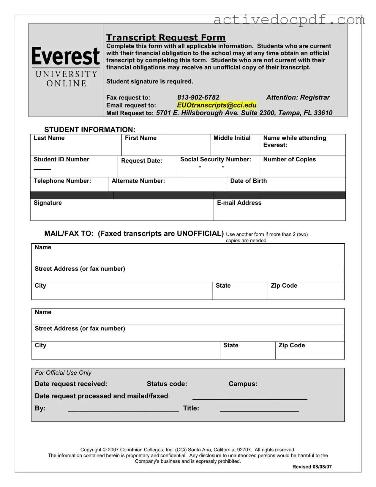 Free Everest University Transcript PDF Form