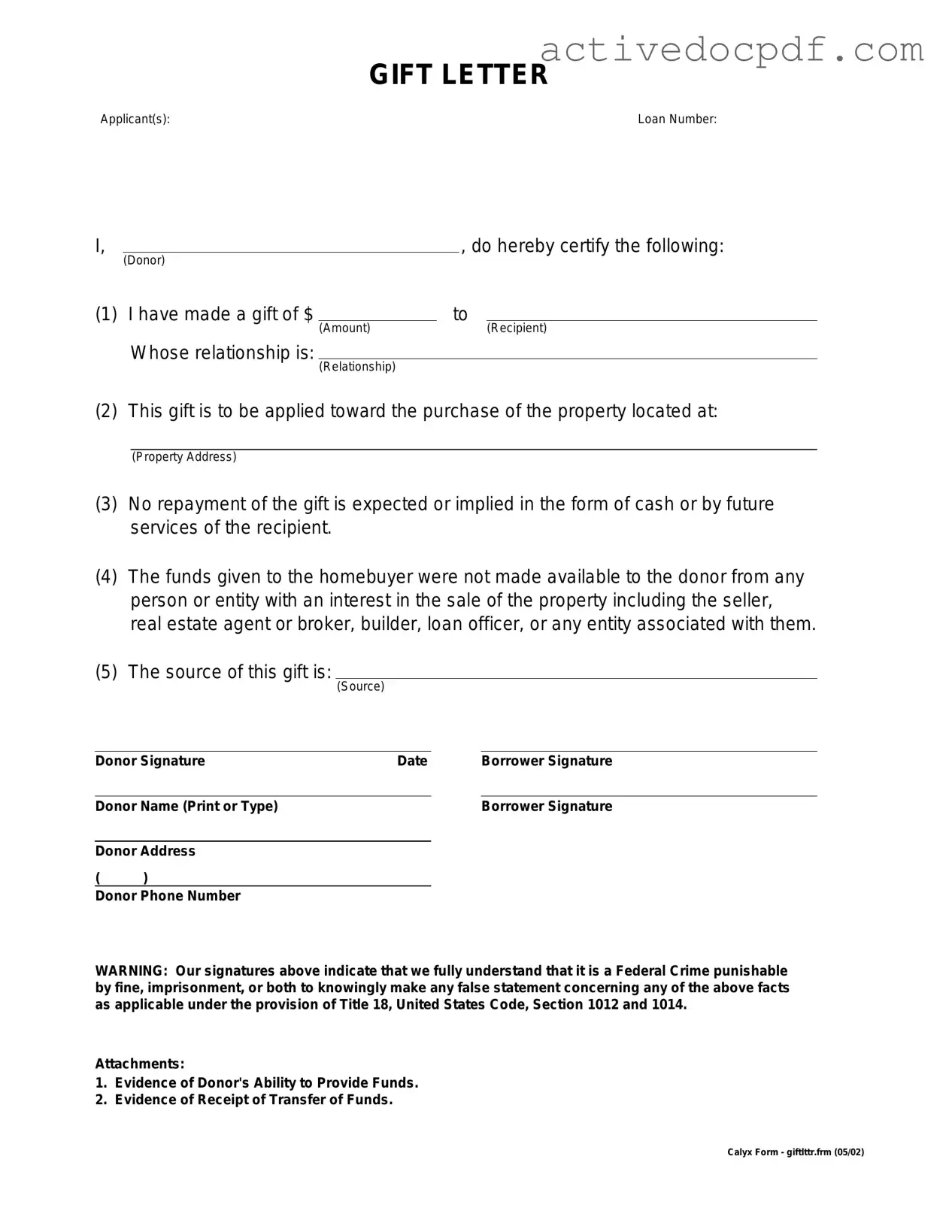 Free Gift Letter PDF Form