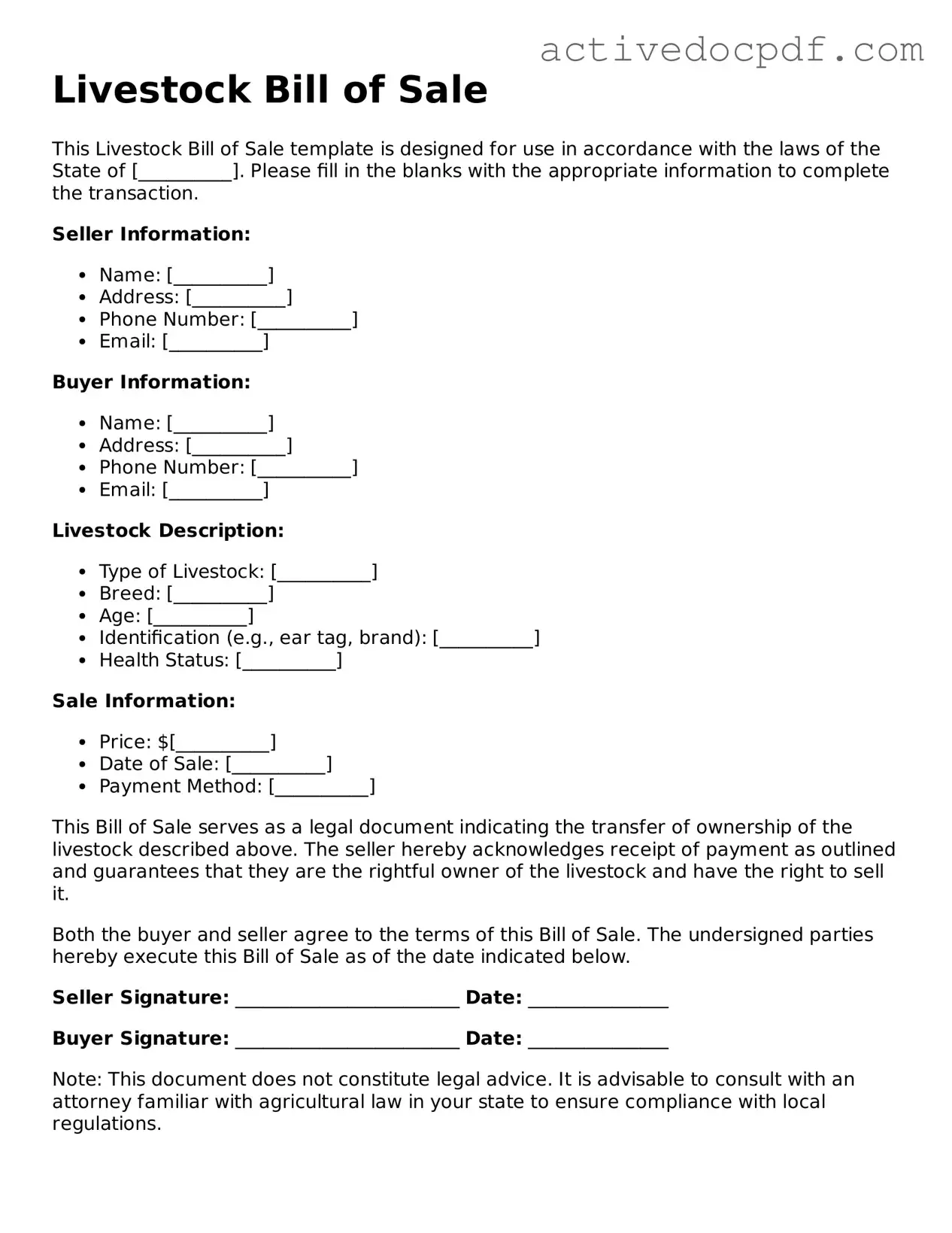 Legal Livestock Bill of Sale Template