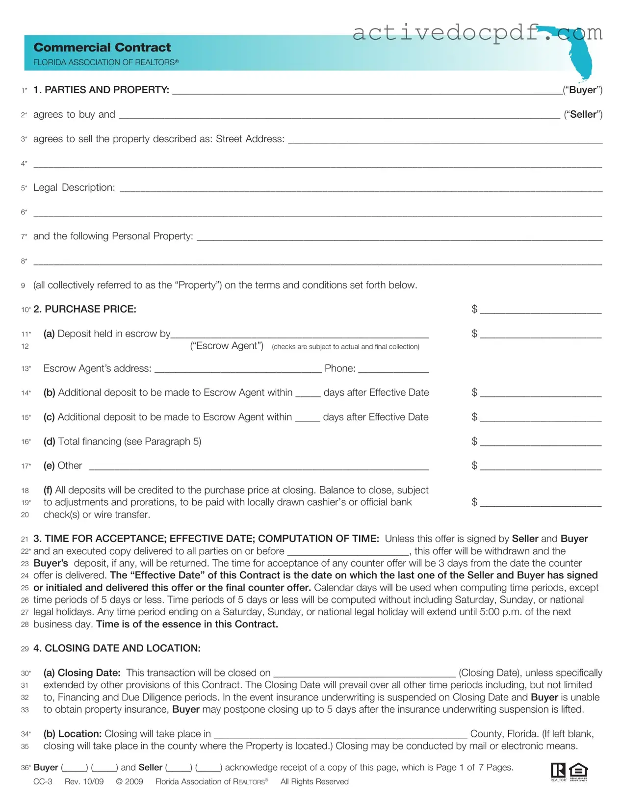 Free Florida Commercial Contract PDF Form