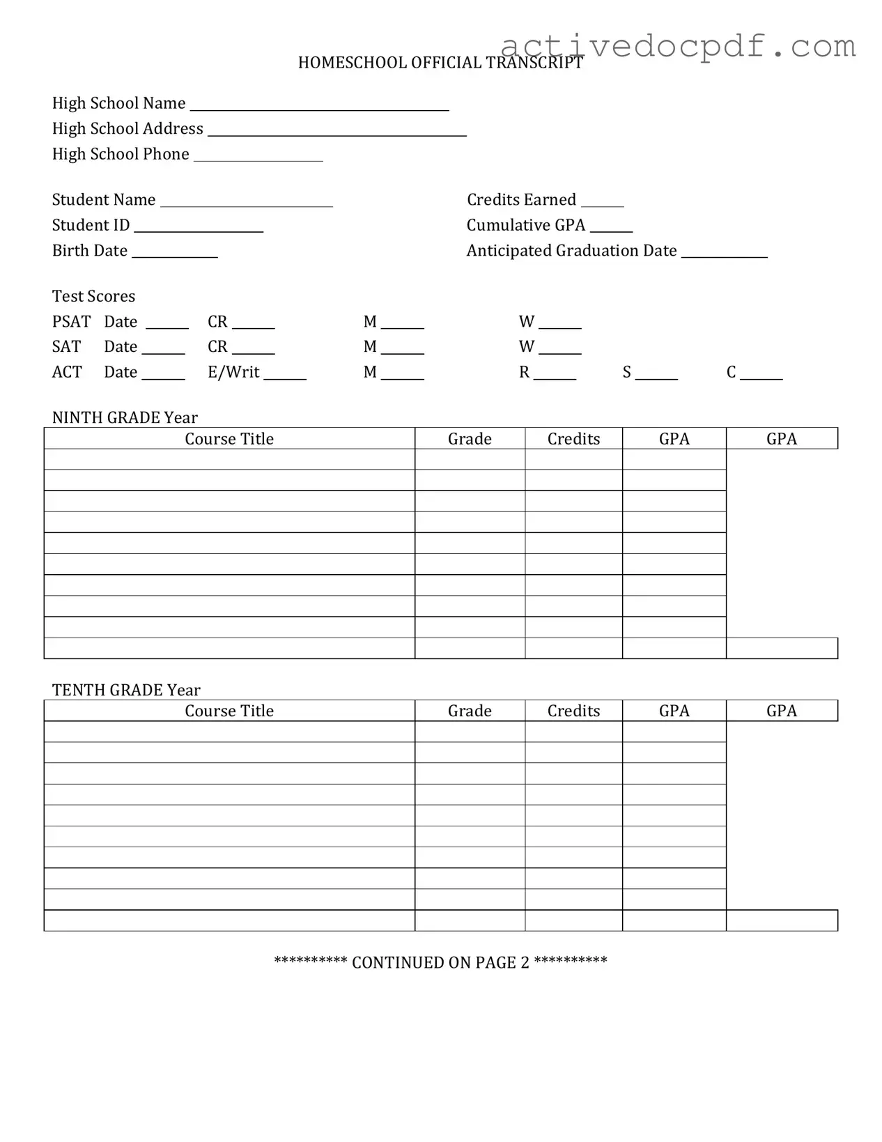 Free High School Transcript PDF Form