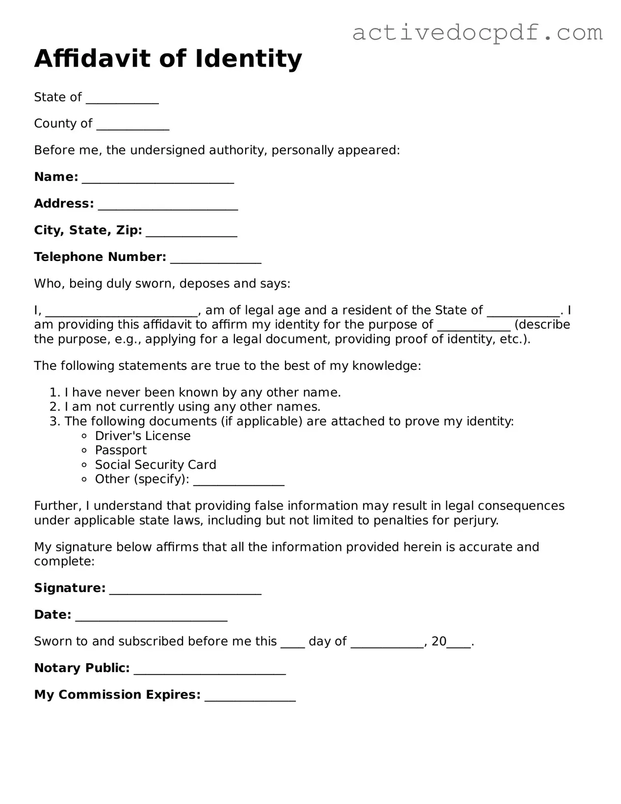 Legal Affidavit of Identity Template