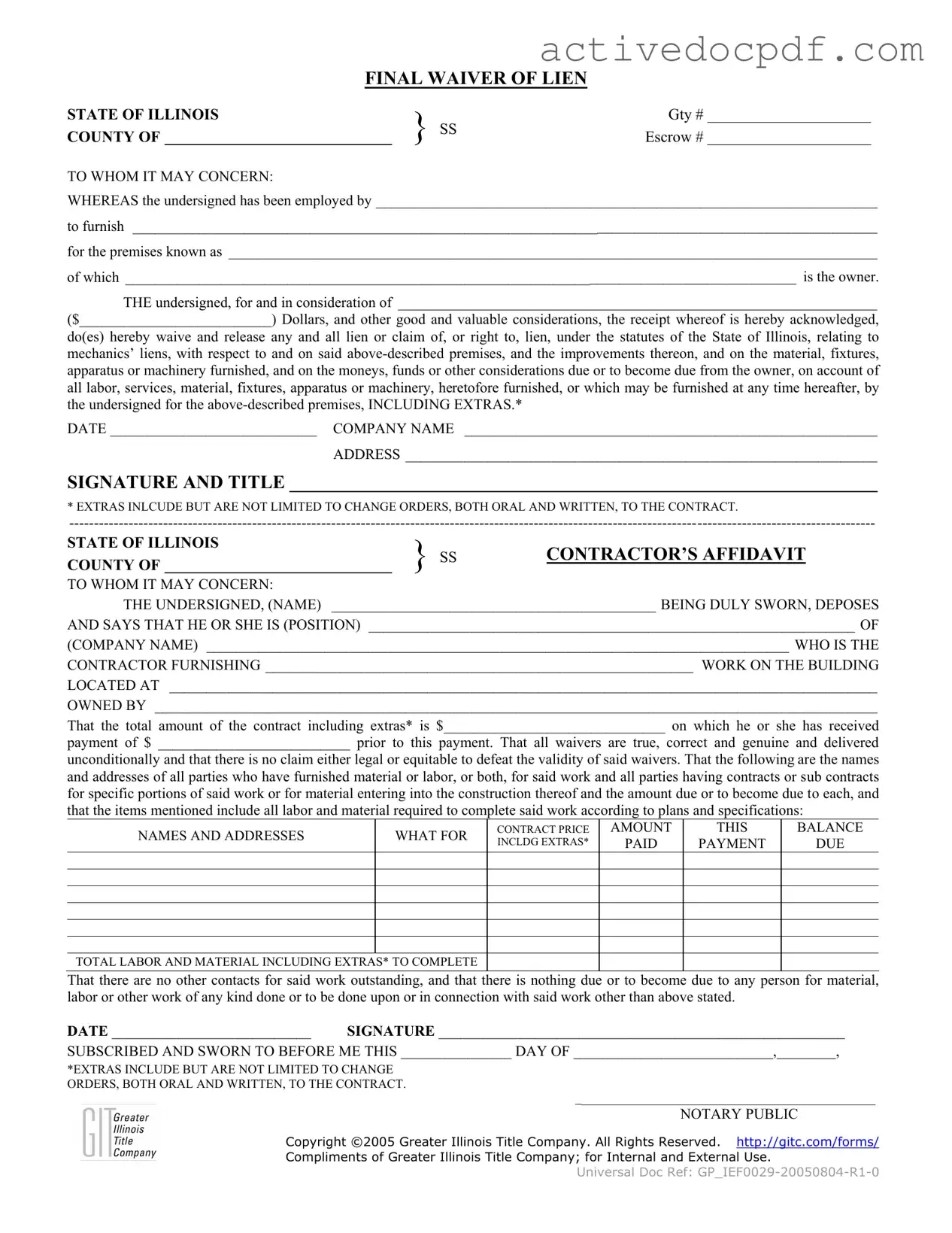 Free Illinois Final Waiver Of Lien PDF Form