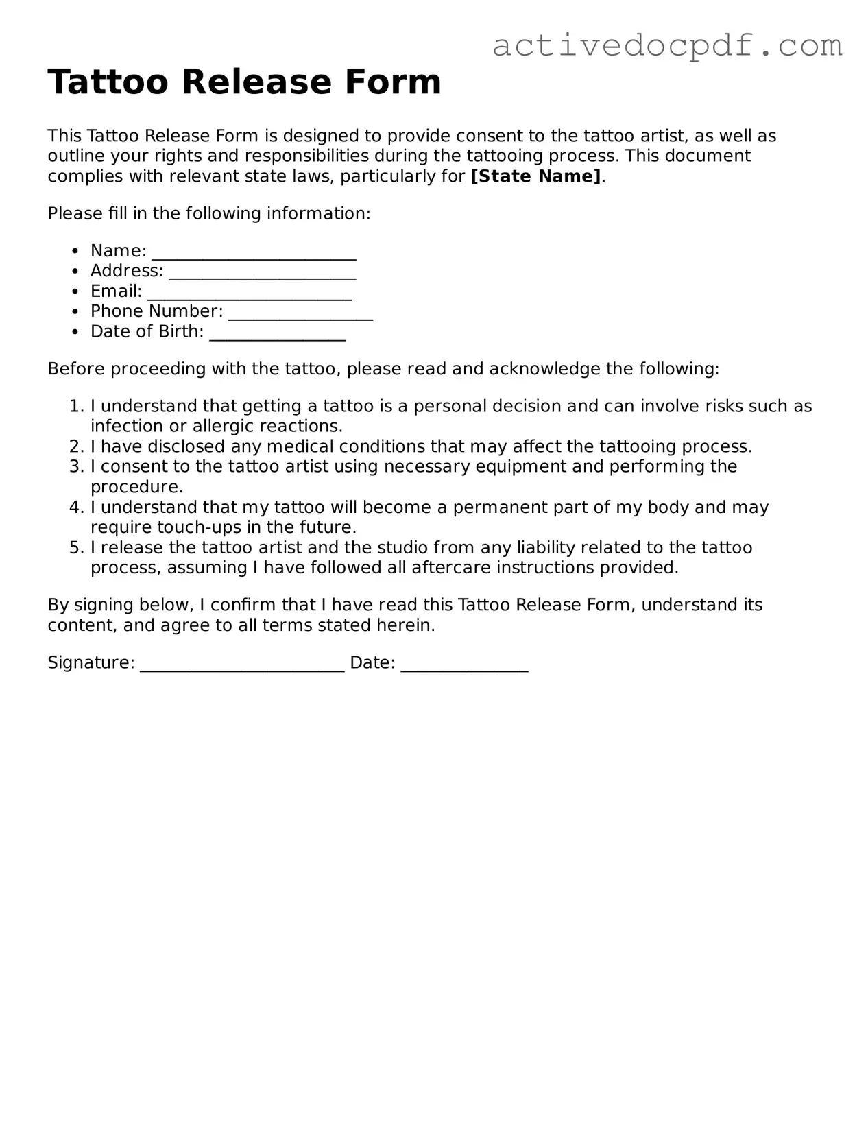 Legal Tattoo Release Template