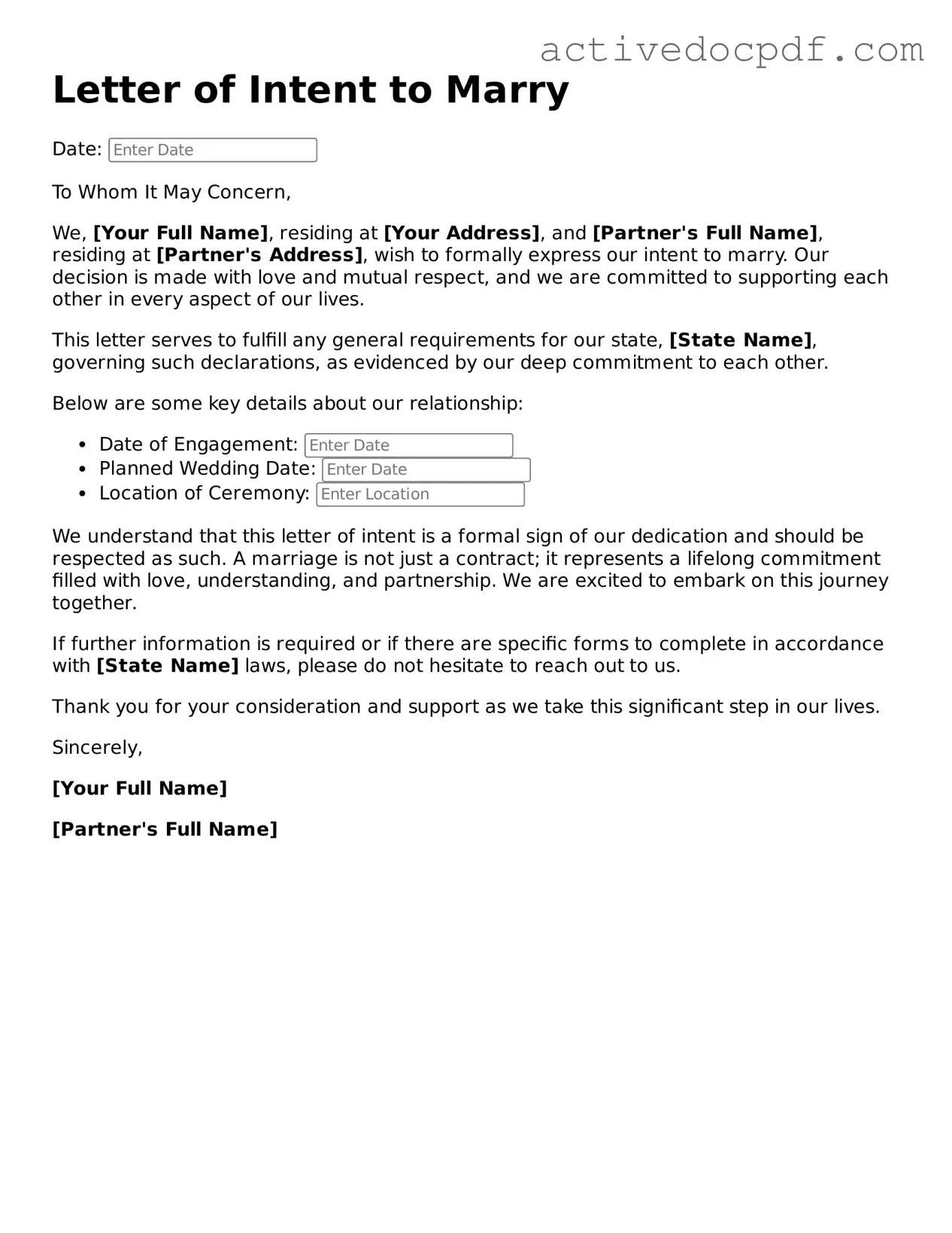Legal Letter of Intent to Marry Template
