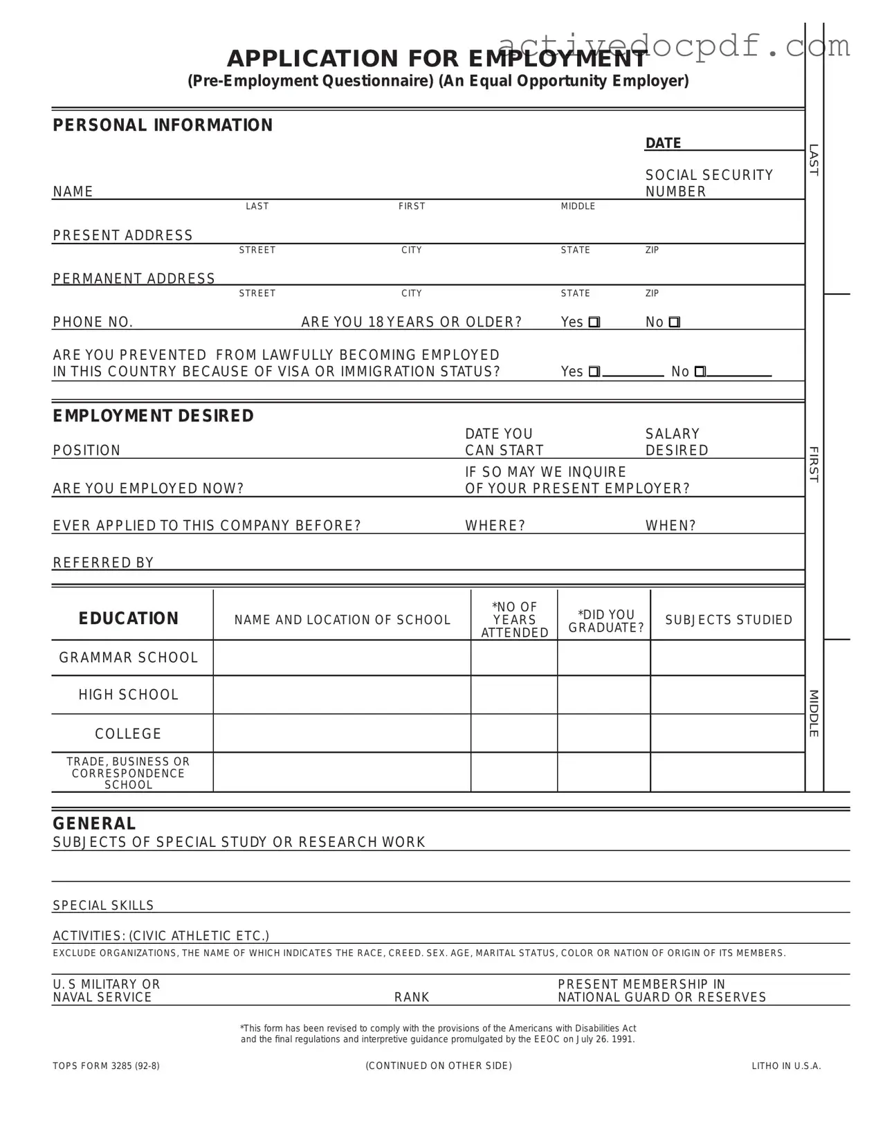 Free Employment Application Pdf PDF Form