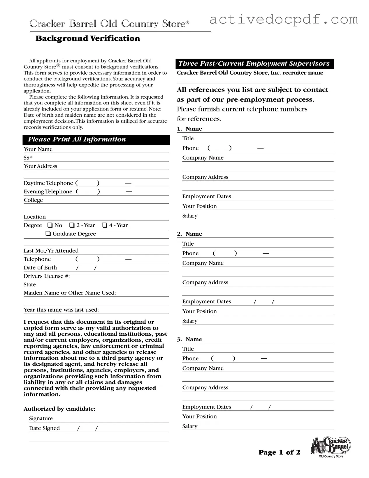 Free Cracker Barrel Background Check PDF Form