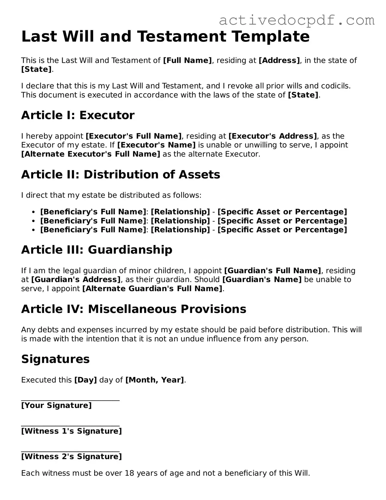 Legal Last Will and Testament Template