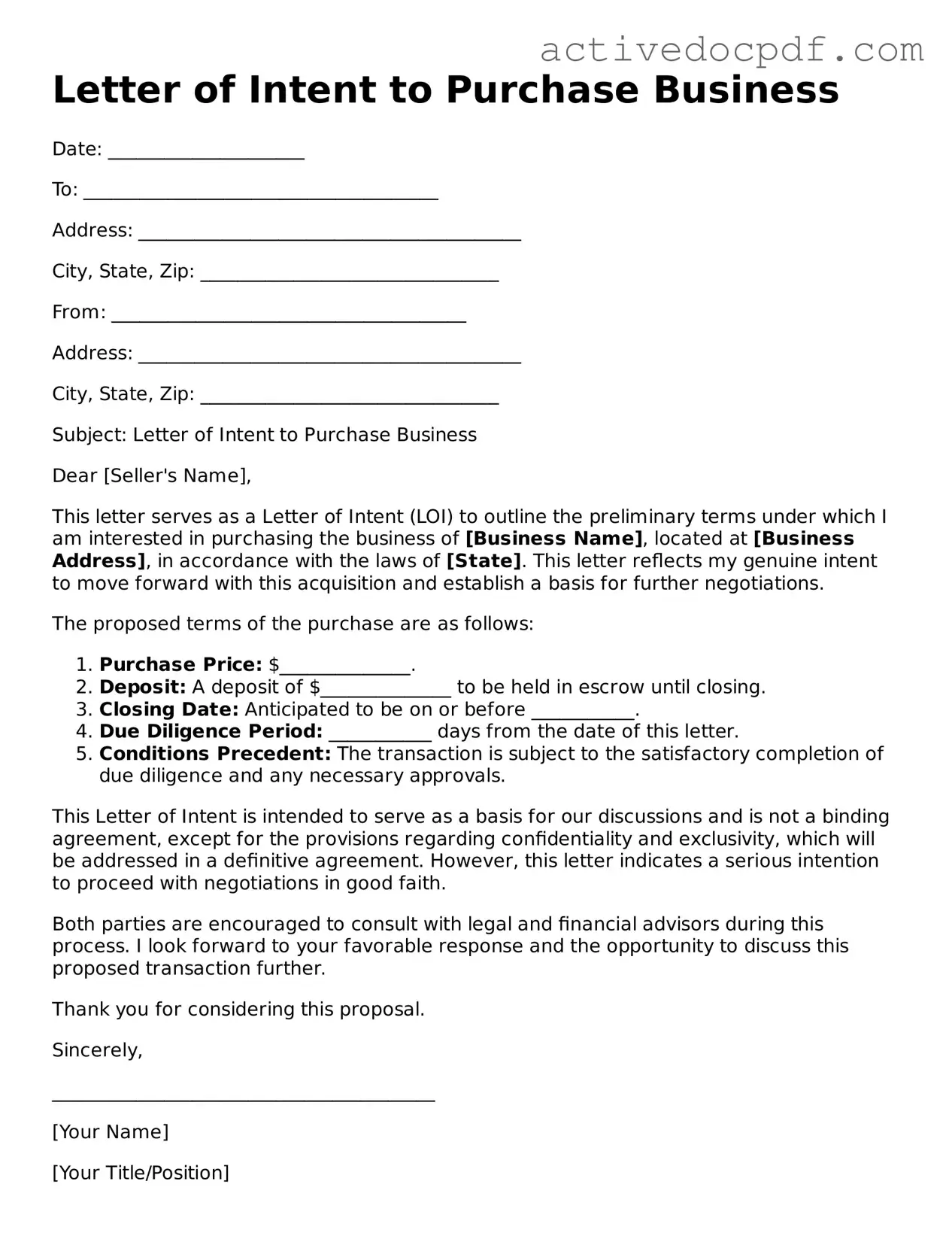 Legal Letter of Intent to Purchase Business Template