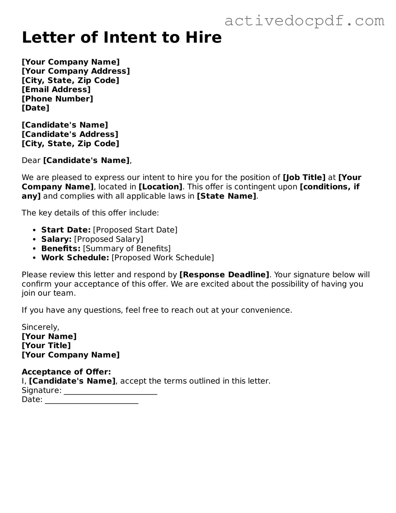 Legal Letter of Intent to Hire Template