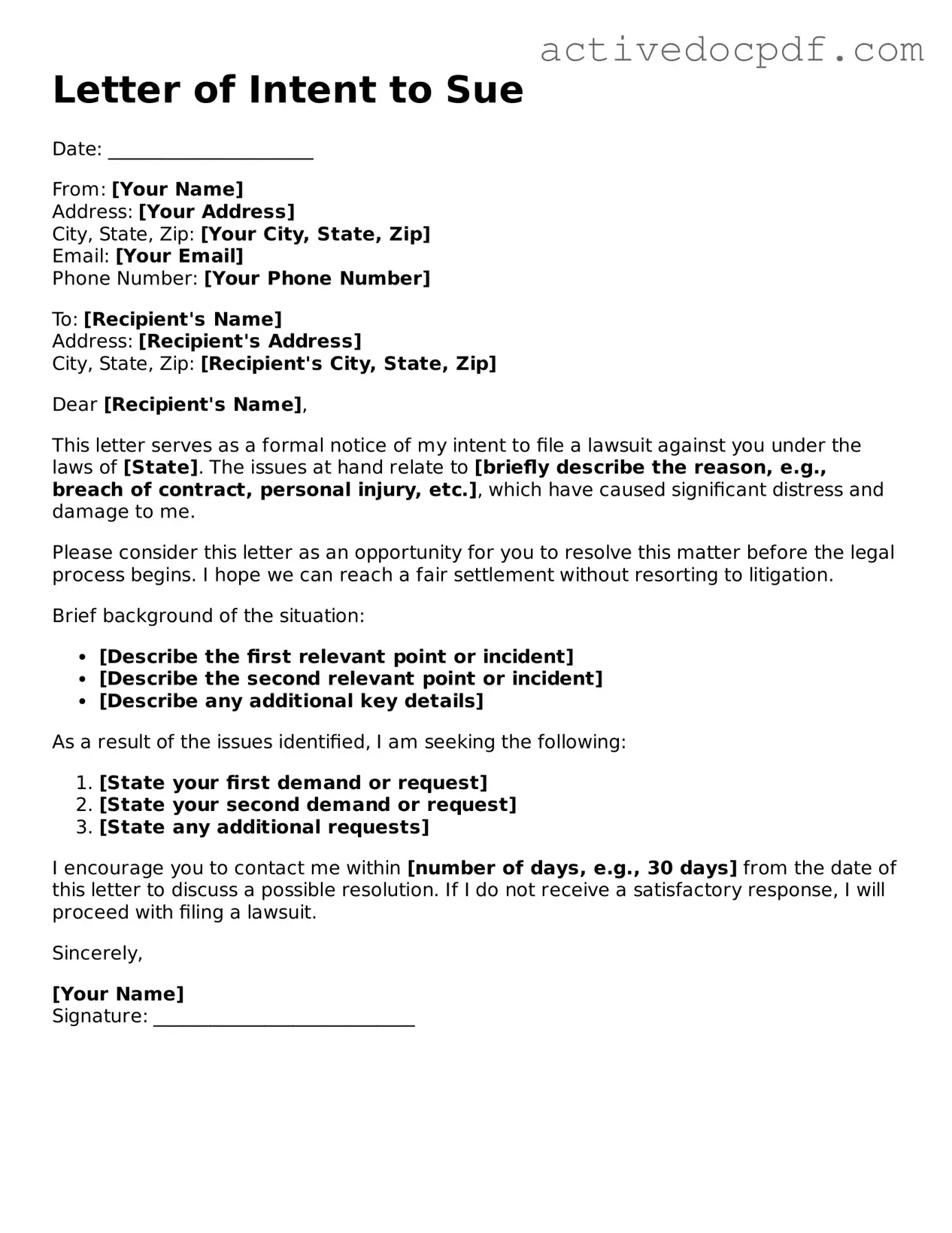 Legal Letter of Intent to Sue Template