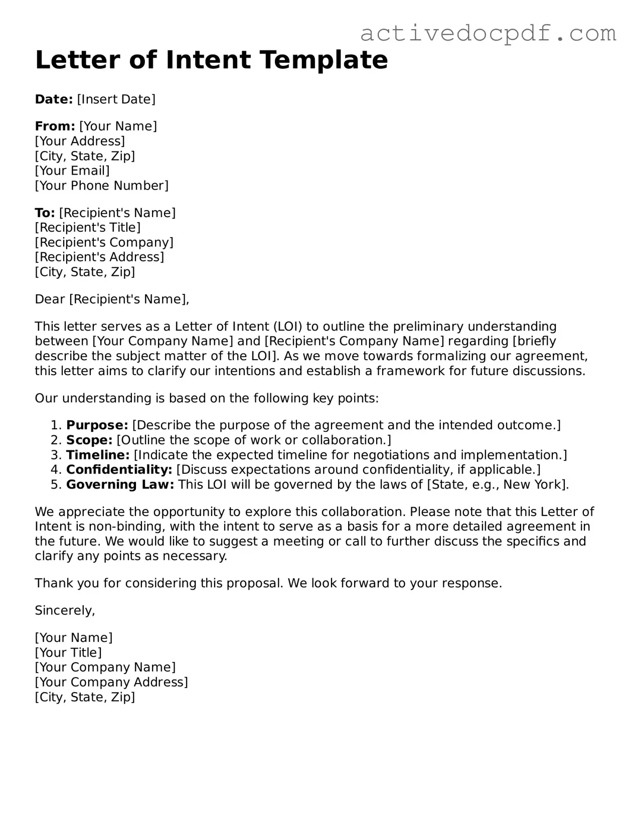 Legal Letter of Intent Template