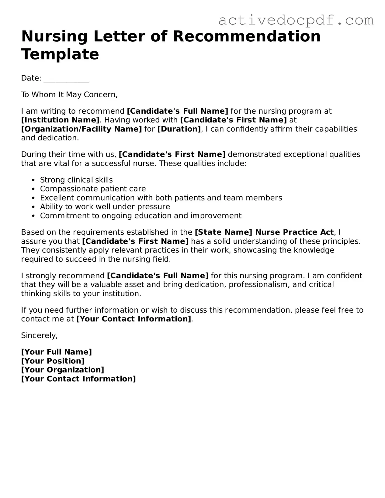 Legal Nursing Letter of Recommendation Template