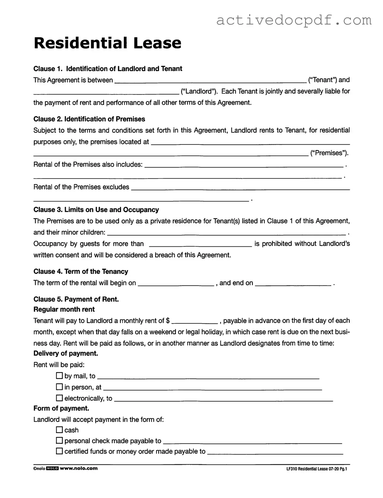 Free Lf310 Residential Lease PDF Form