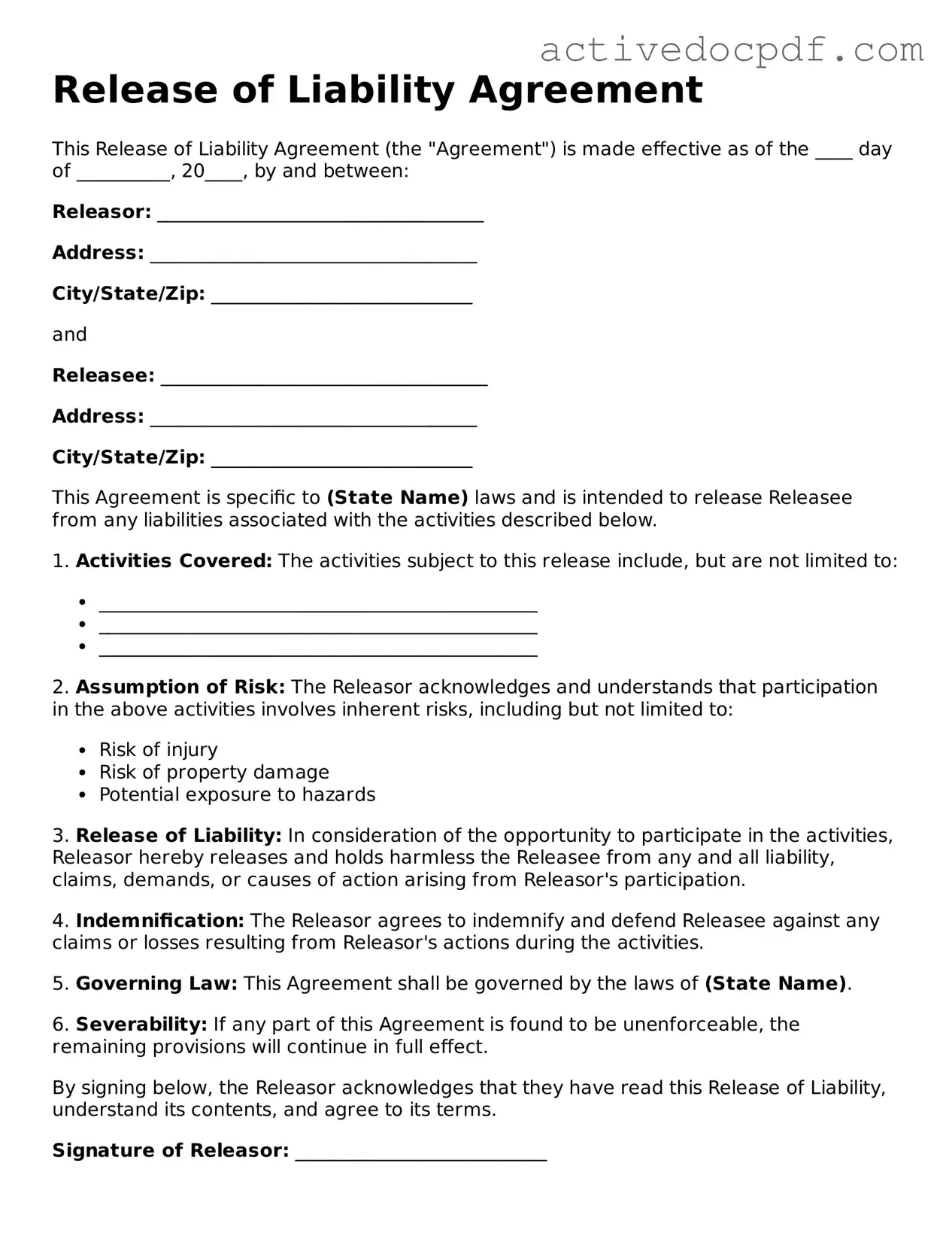 Legal Release of Liability Template