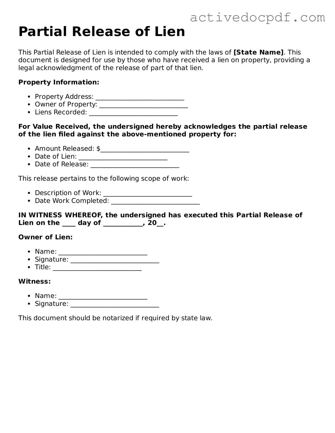 Legal Partial Release of Lien Template
